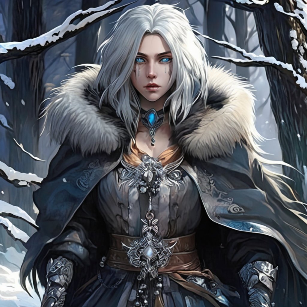 A fierce female warrior fighting in a snowy forest, in Medieval cloak, fur trimmed cloak, long hair, looking at viewer, blue eyes, simple background, (hair ornament), gem, tassel, hair between eyes, jewelry, upper body, earrings, lips, fur trim, eyelashes, portrait, beads, emo, (sharp eyes:1.4), (rebellious:1.4), (fierce:1.4), (standing: 1.2), silver-white hair, Gothic make-up, tough, wild. Kyoto Animation stylized anime, cinematic Lighting, ethereal light, intricate details, extremely detailed, incredible details, full colored, complex details, insanely detailed and intricate, hyper maximalist, gorgeous light and shadow, detailed decoration, detailed lines. Masterpiece, best quality, aerial view, HDR, UHD, unreal engine. looking at the camera, dark Fantasy background, representative, fair skin, beautiful face,A beautiful girl, blonde hair, dynamic character, detailed exquisite face, bold high quality, high contrast,art_booster,DonMS4kur4XL