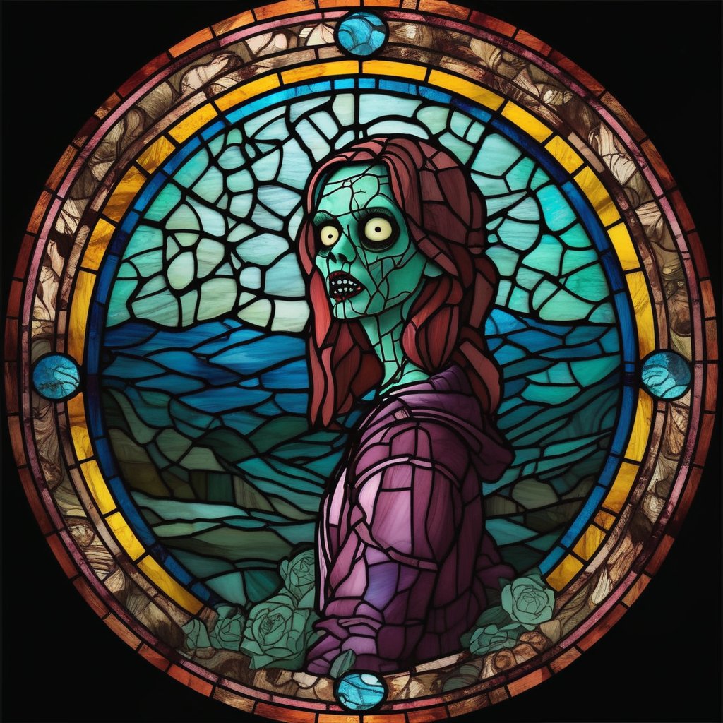 stained glass, circle, 1 girl, zombie, horror, portrait, landscape, masterpiece, best quality