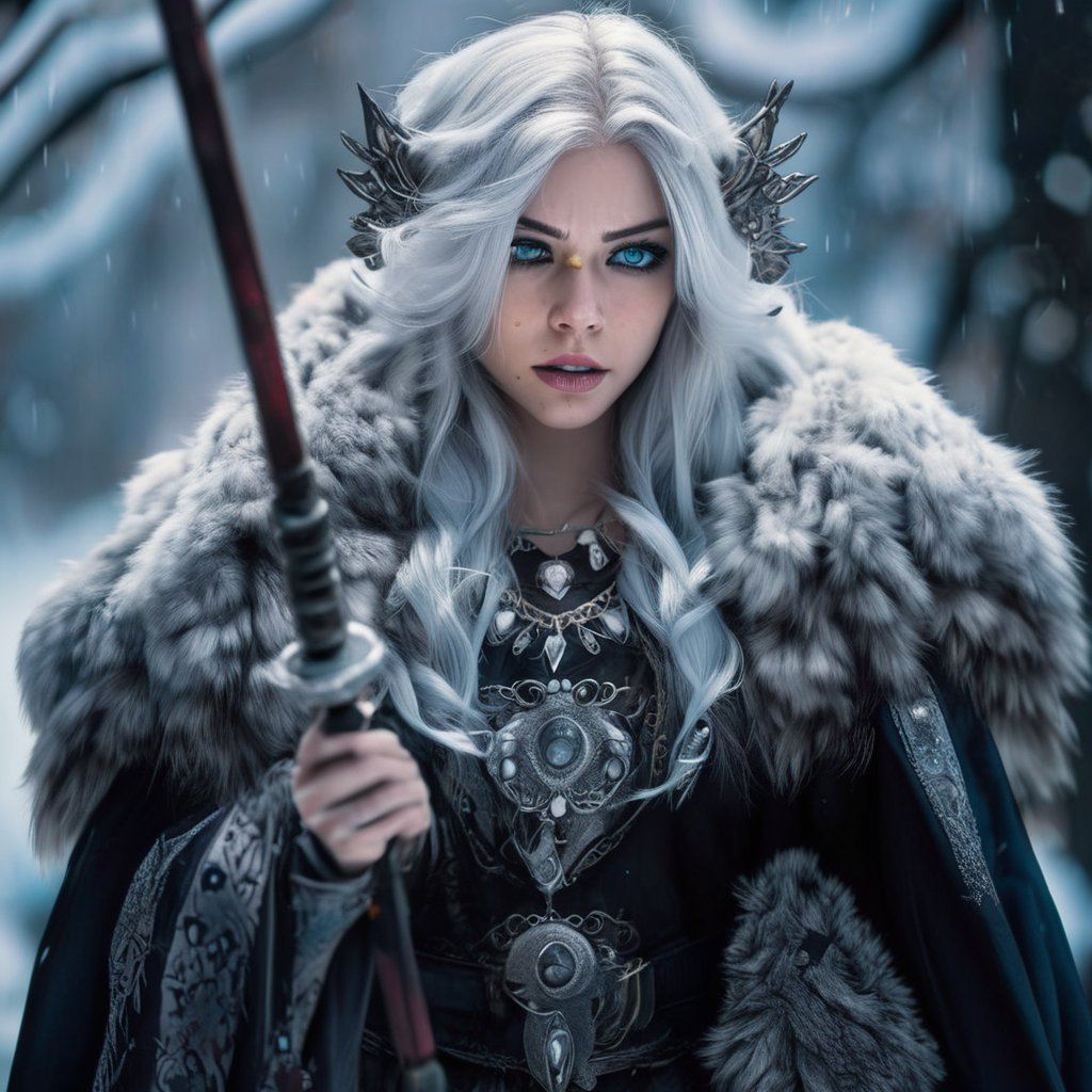 A fierce female warrior fighting in a snowy forest, in Medieval cloak, fur trimmed cloak, long hair, looking at viewer, blue eyes, simple background, (hair ornament), gem, tassel, hair between eyes, jewelry, upper body, earrings, lips, fur trim, eyelashes, portrait, beads, emo, (sharp eyes:1.4), (rebellious:1.4), (fierce:1.4), (standing: 1.2), silver-white hair, Gothic make-up, tough, wild. Kyoto Animation stylized anime, cinematic Lighting, ethereal light, intricate details, extremely detailed, incredible details, full colored, complex details, insanely detailed and intricate, hyper maximalist, gorgeous light and shadow, detailed decoration, detailed lines. Masterpiece, best quality, aerial view, HDR, UHD, unreal engine. looking at the camera, dark Fantasy background, representative, fair skin, beautiful face,A beautiful girl, blonde hair, dynamic character, detailed exquisite face, bold high quality, high contrast,art_booster,DonMS4kur4XL