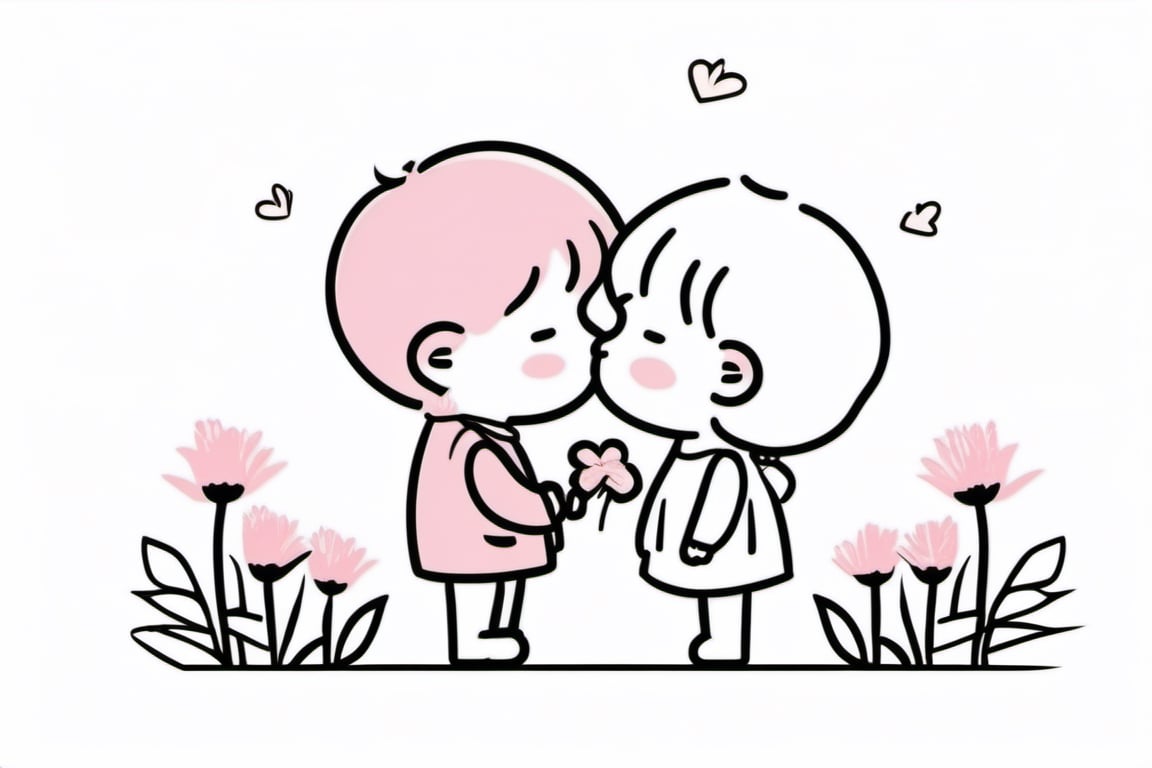 a boy kiss a girl, spring, flower, holding flower, Line chibi Pink, simple background, best quality, heart fly