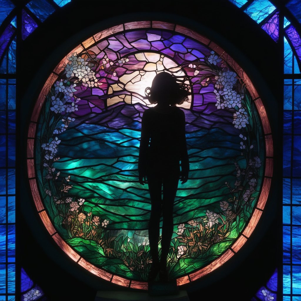 stained glass, circle, 1 girl, full body, look at nature landscape, night light, nature, Wide Shot, horror, portrait, landscape, masterpiece, best quality