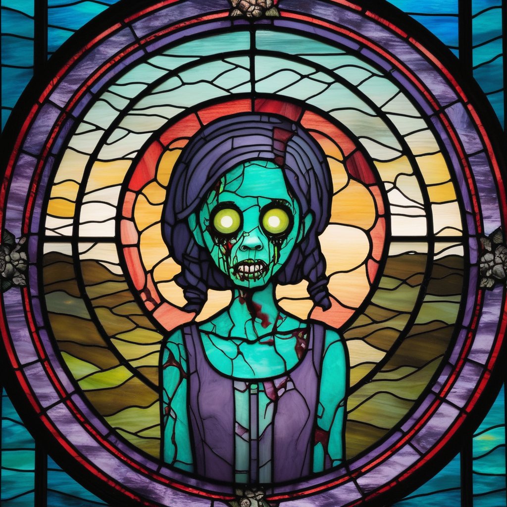 stained glass, circle, 1 girl, zombie, horror, portrait, landscape, masterpiece, best quality