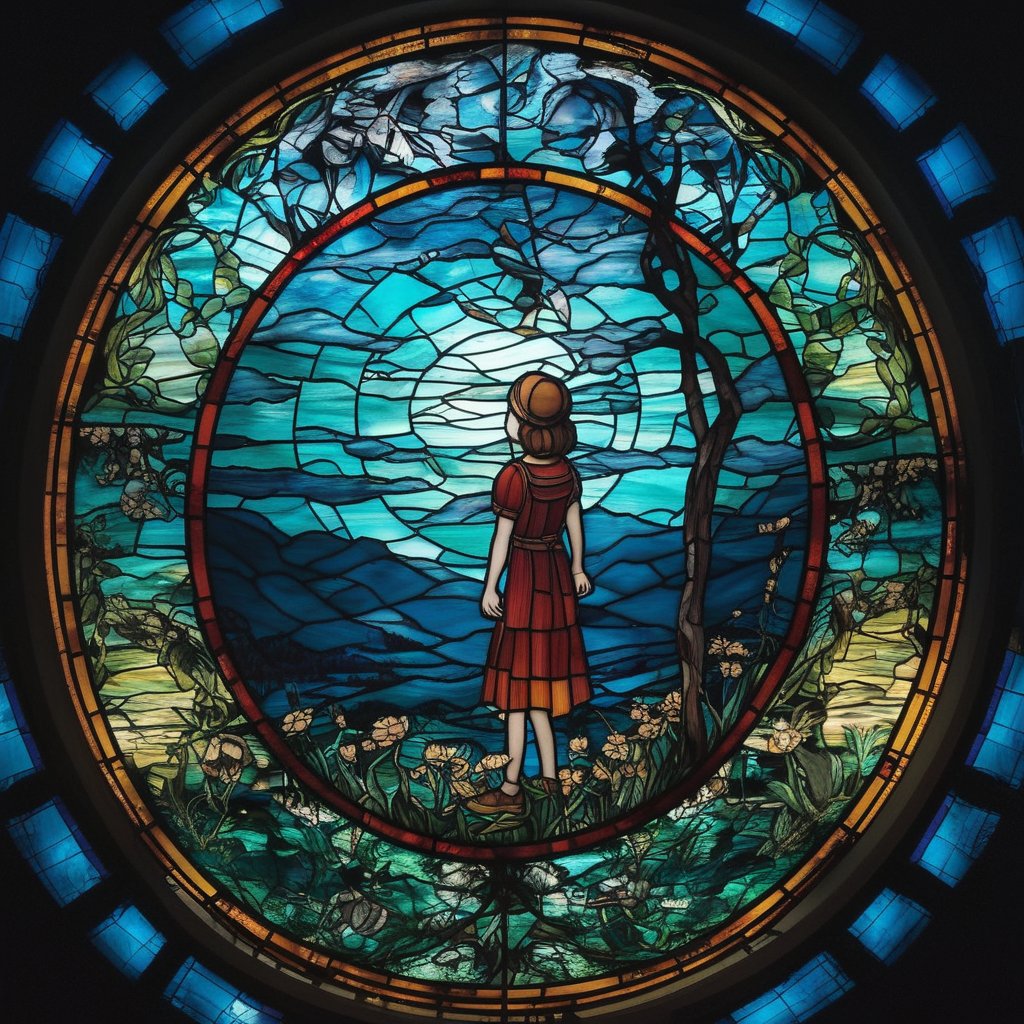 stained glass, circle, 1 girl, full body, look at nature landscape, night light, nature, Wide Shot, horror, portrait, landscape, masterpiece, best quality