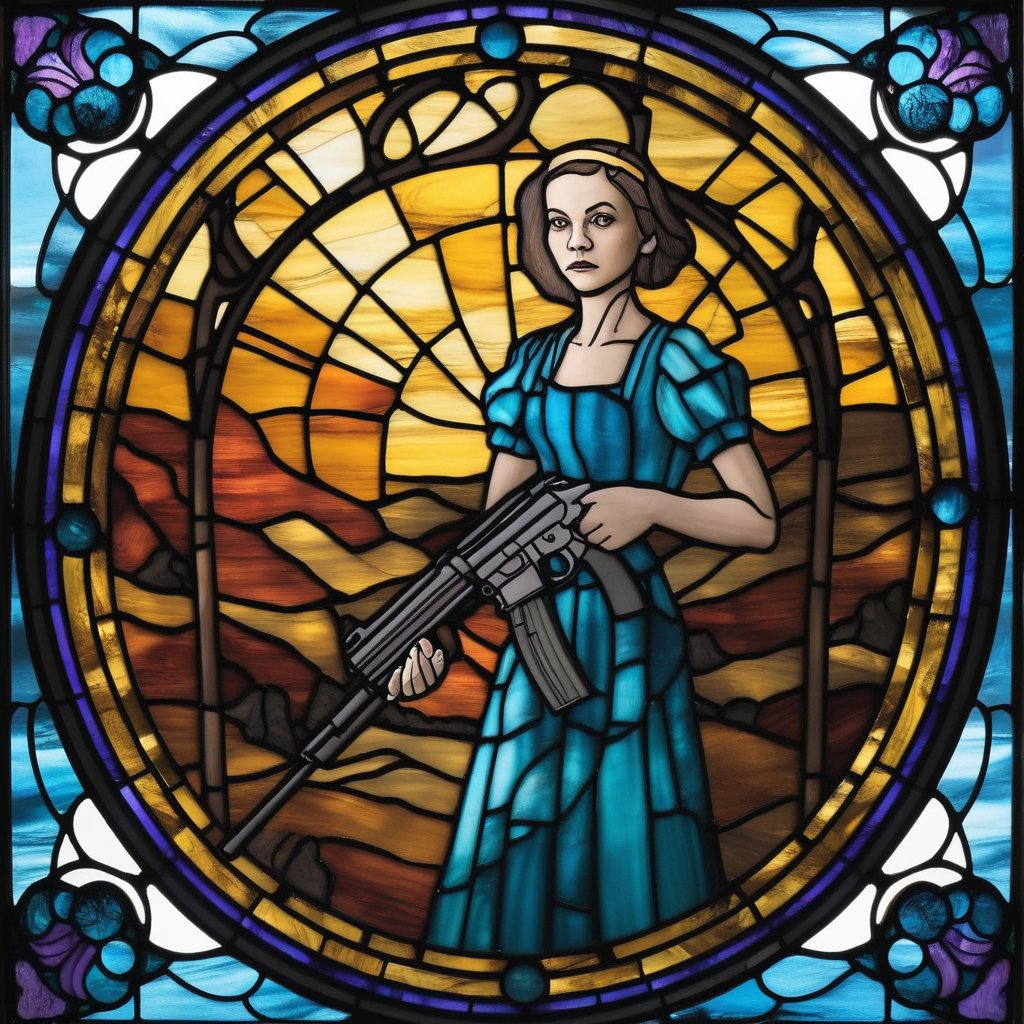 stained glass, circle, 1 girl, full body, holding gun, horror, portrait, landscape, masterpiece, best quality