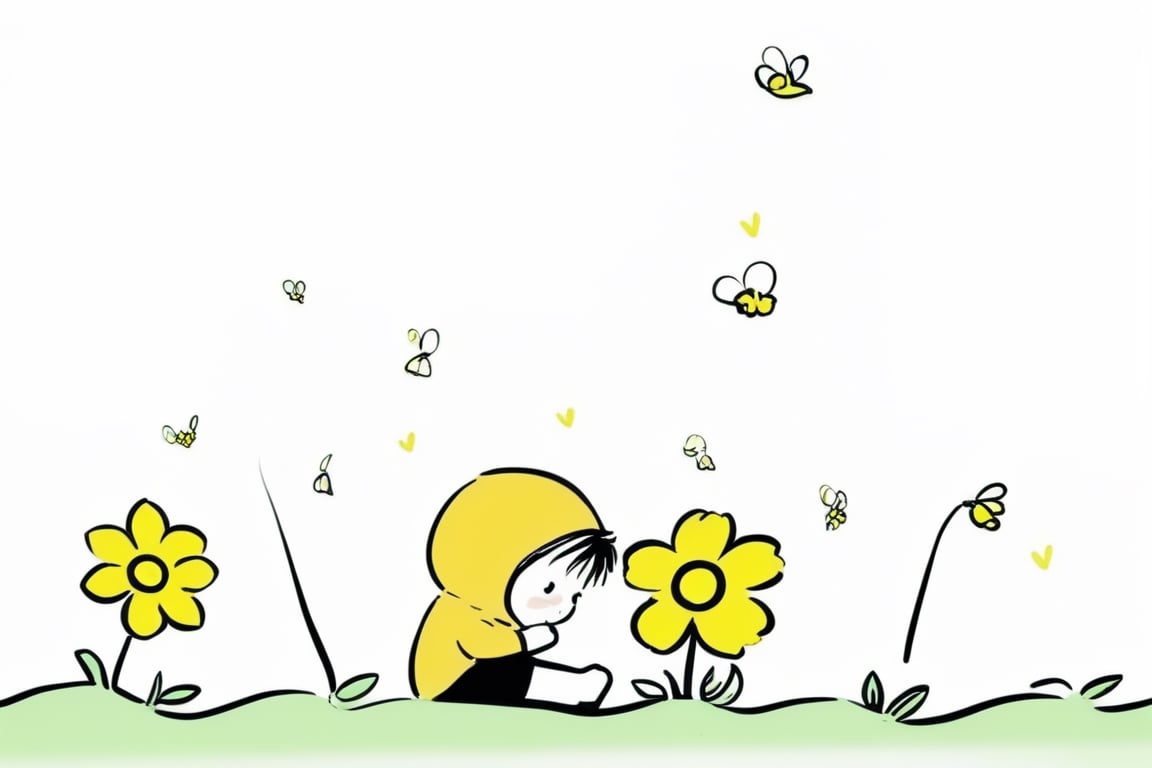 a boy, spring, flower, best quality, computer, Line Chibi yellow, white background, avatar chibi
