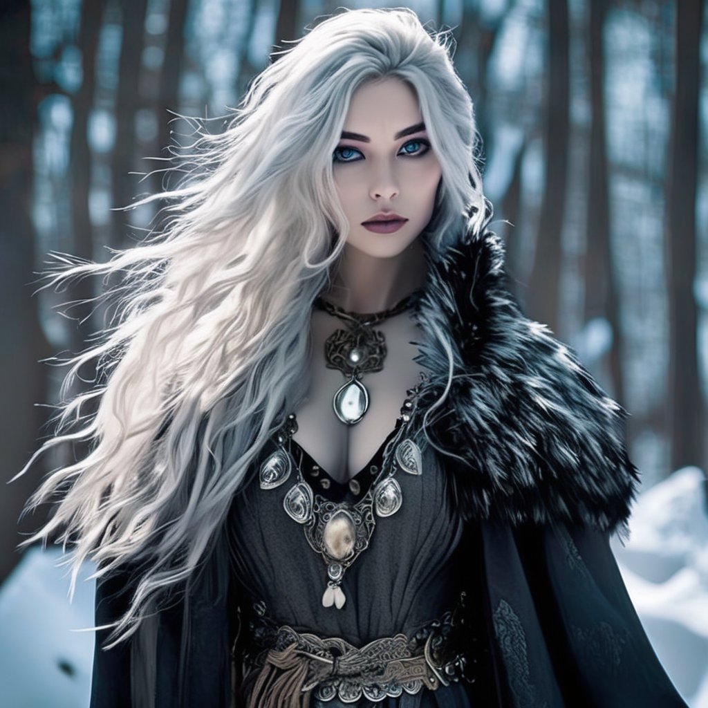 A fierce female warrior fighting in a snowy forest, in Medieval cloak, fur trimmed cloak, long hair, looking at viewer, blue eyes, simple background, (hair ornament), gem, tassel, hair between eyes, jewelry, upper body, earrings, lips, fur trim, eyelashes, portrait, beads, emo, (sharp eyes:1.4), (rebellious:1.4), (fierce:1.4), (standing: 1.2), silver-white hair, Gothic make-up, tough, wild. Kyoto Animation stylized anime, cinematic Lighting, ethereal light, intricate details, extremely detailed, incredible details, full colored, complex details, insanely detailed and intricate, hyper maximalist, gorgeous light and shadow, detailed decoration, detailed lines. Masterpiece, best quality, aerial view, HDR, UHD, unreal engine. looking at the camera, dark Fantasy background, representative, fair skin, beautiful face,A beautiful girl, blonde hair, dynamic character, detailed exquisite face, bold high quality, high contrast,art_booster,DonMS4kur4XL