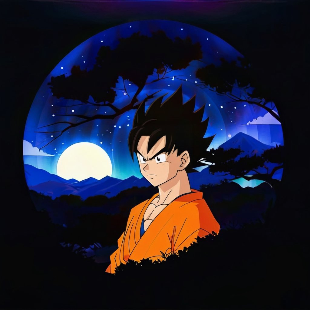 1 songoku, portrait, simple background, (Circle), SoraSleepAI, night, nature