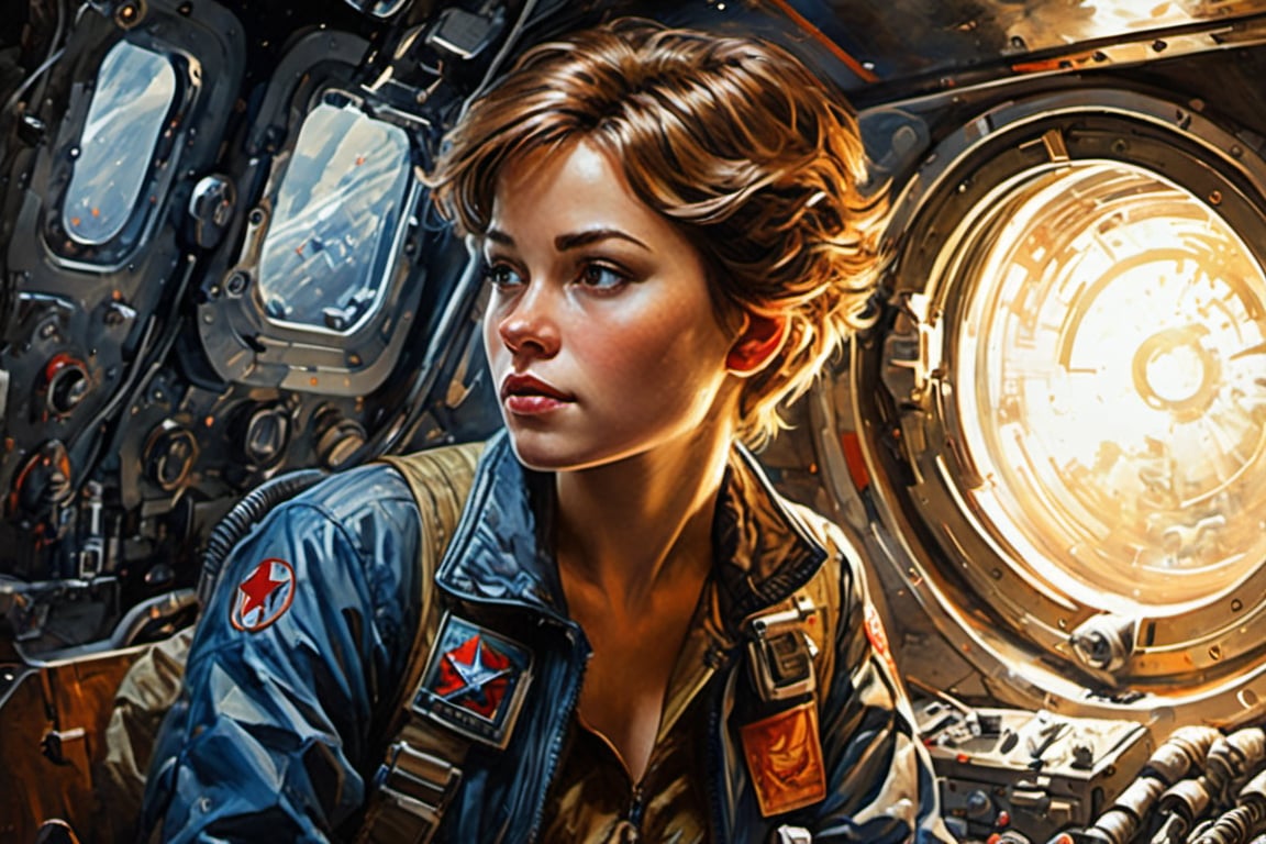 detailed full-length picture, masterpiece, best quality, ultra high resolution, visually stunning, beautiful, award-winning art (abstract art: 1.3), beautiful ))), oil painting , SOVIET SPACEpunk science journalist on the spaceship science-centre WITH SHORT broun HAIR, neat haircut . detailed face, whole body, Watercolor, trending on artstation, sharp focus, studio photo, intricate details, highly detailed, by greg rutkowski, more detail XL, hyper detailed, realistic, oil painting, by julie bell, frank frazetta, cinematic lighting