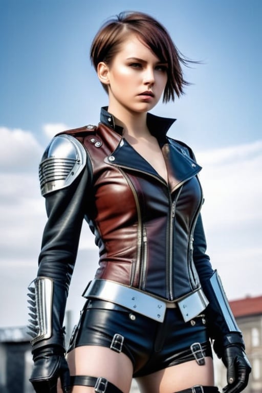 Full lenght Generate hyper realistic image of a russian young anime a woman with short hair, tired, wounded,  and a aggressive looking at the viewer. She wearing leather dieselpunk killer armor. .,Add more details,Glass Elements,(Transperent Parts)