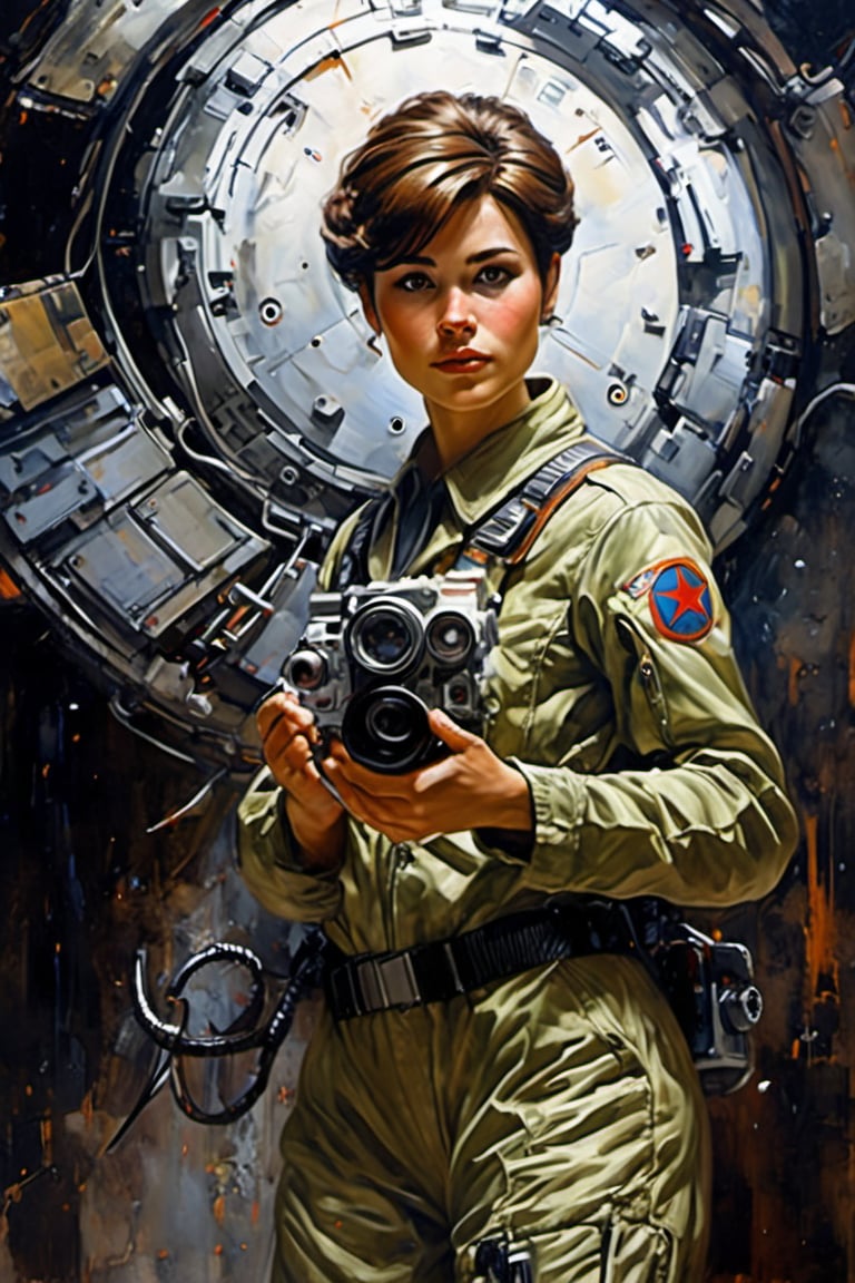 detailed full-length picture, masterpiece, best quality, ultra high resolution, visually stunning, beautiful, award-winning art (abstract art: 1.3), beautiful ))), oil painting An,  SOVIET SPACEpunk science journalist on the spaceship science-centre WITH SHORT broun HAIR, neat haircut . detailed face, whole body, Watercolor, trending on artstation, sharp focus, studio photo, intricate details, highly detailed, by greg rutkowski, more detail XL, hyper detailed, realistic, oil painting, by julie bell, frank frazetta, cinematic lighting