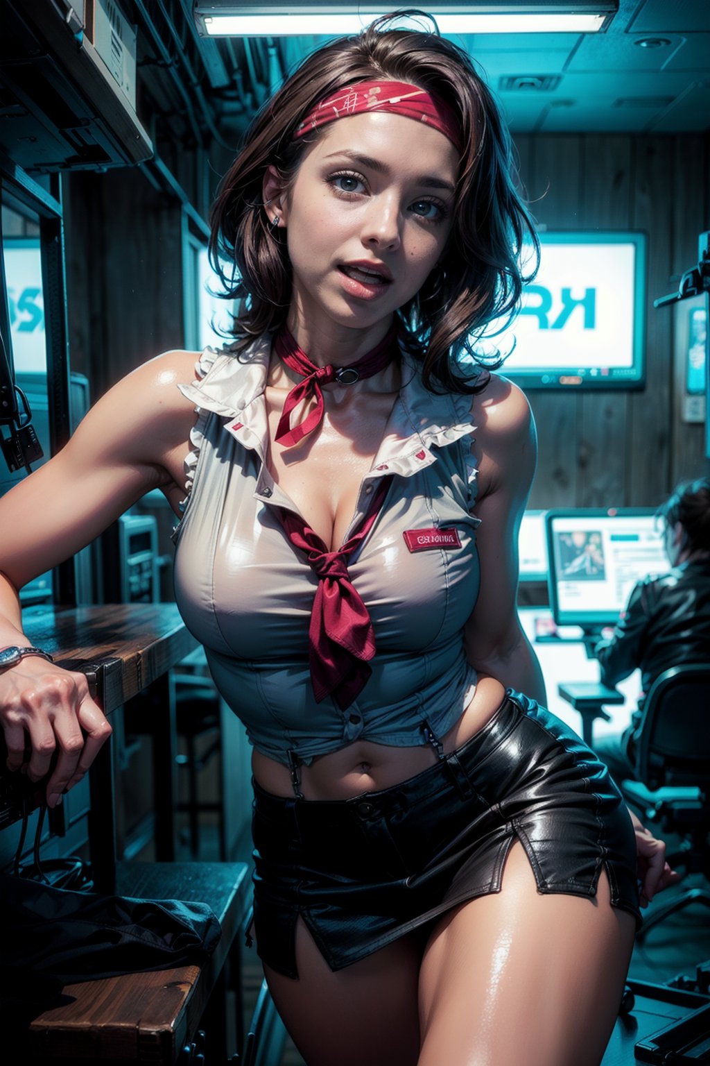 a japan porno star as a beautiful young female killer full heigh in the style of the "Cyberpunk anime", in ((very sexy short topic, short skirt, sleeveless vest, stylish bandana on the neck)), private room in a brothel, a detailed face, the whole body in t, perfect eyes, full height, short heir style, (((lustful look, charming smile, slightly open mouth, looks very excited))) trending on artstation, sharp focus, studio photo, intricate details, highly detailed, by greg rutkowski, more detail XL, hyper detailed, realistic, by julie bell, frank frazetta, cinematic lighting,