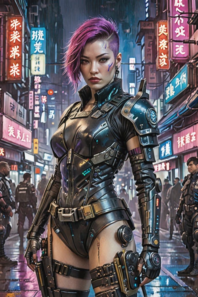,Beautyful A cyberpunk japan night-city mac-tac police female, in cyberpunk leather armor. Watercolor, trending on artstation, sharp focus, studio photo, intricate details, highly detailed, by greg rutkowski, more detail XL, hyper detailed, realistic, , by julie bell, frank frazetta, cinematic lighting,Expressiveh,concept art,yor briar,More Reasonable Details,cyberpunk style