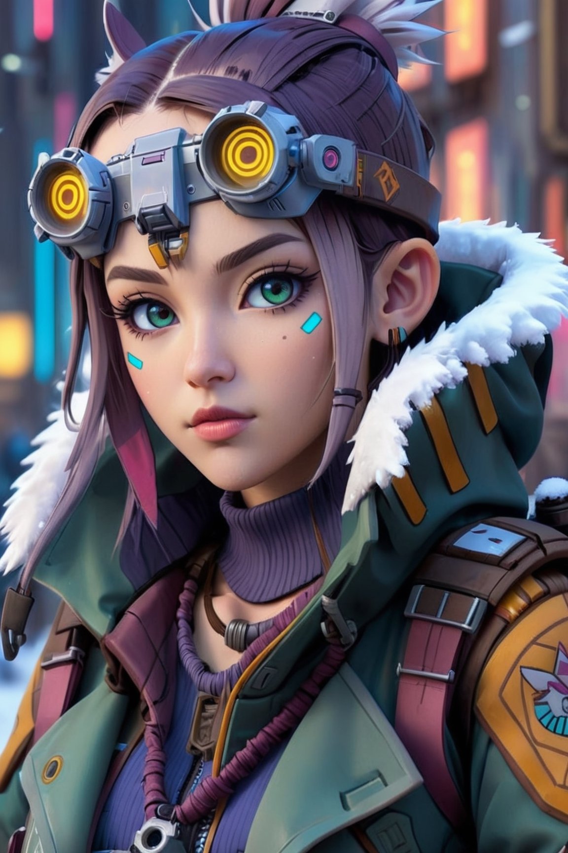 masterpiece, best quality, ultra high resolution, visually stunning, beautiful, award-winning art (abstract art: 1.3), beautiful ))),  portret of a anime butifful cyberpunk rebel scout female noble lady in winter noble scout outfit . 