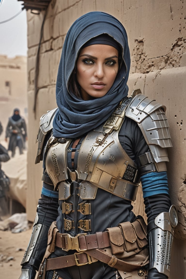studio photo full length female arabian photomodel as a  very beautiful with a strong -willed noble face, cyberpunk noble  winter hevy cyberpunk armored soldier lady, (( hiding in a dilapidated trench during a street battle)), trending on artstation, sharp focus, intricate details, highly detailed, by greg rutkowski, more detail XL, hyper detailed, realistic, cinematic lighting