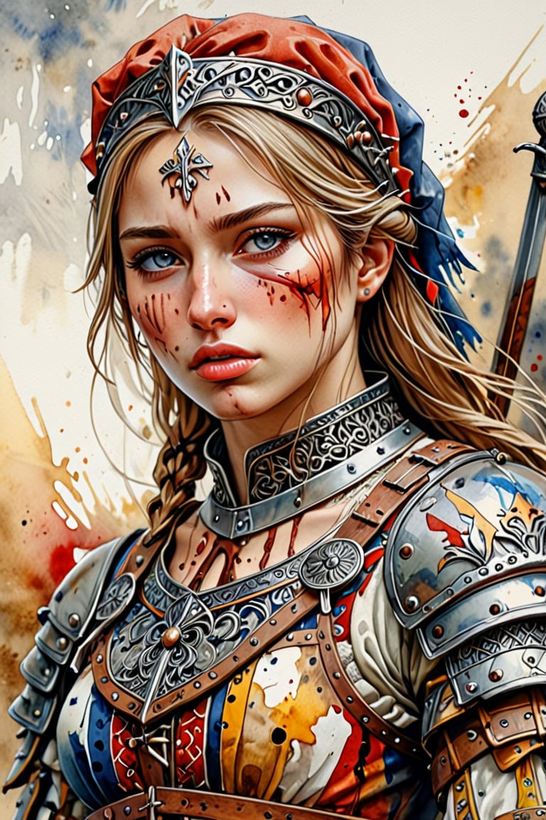 masterpiece, best quality, ultra high resolution, visually stunning, beautiful, award-winning art (abstract art: 1.3),  beautiful )))A FULL-LENGTH very detalied full leghn A anime a very beutifful female medieval  style noble slavic warrior tired and wounded , Watercolor, trending on artstation, sharp focus, studio photo, intricate details, highly detailed, by greg rutkowski ,more detail XL
