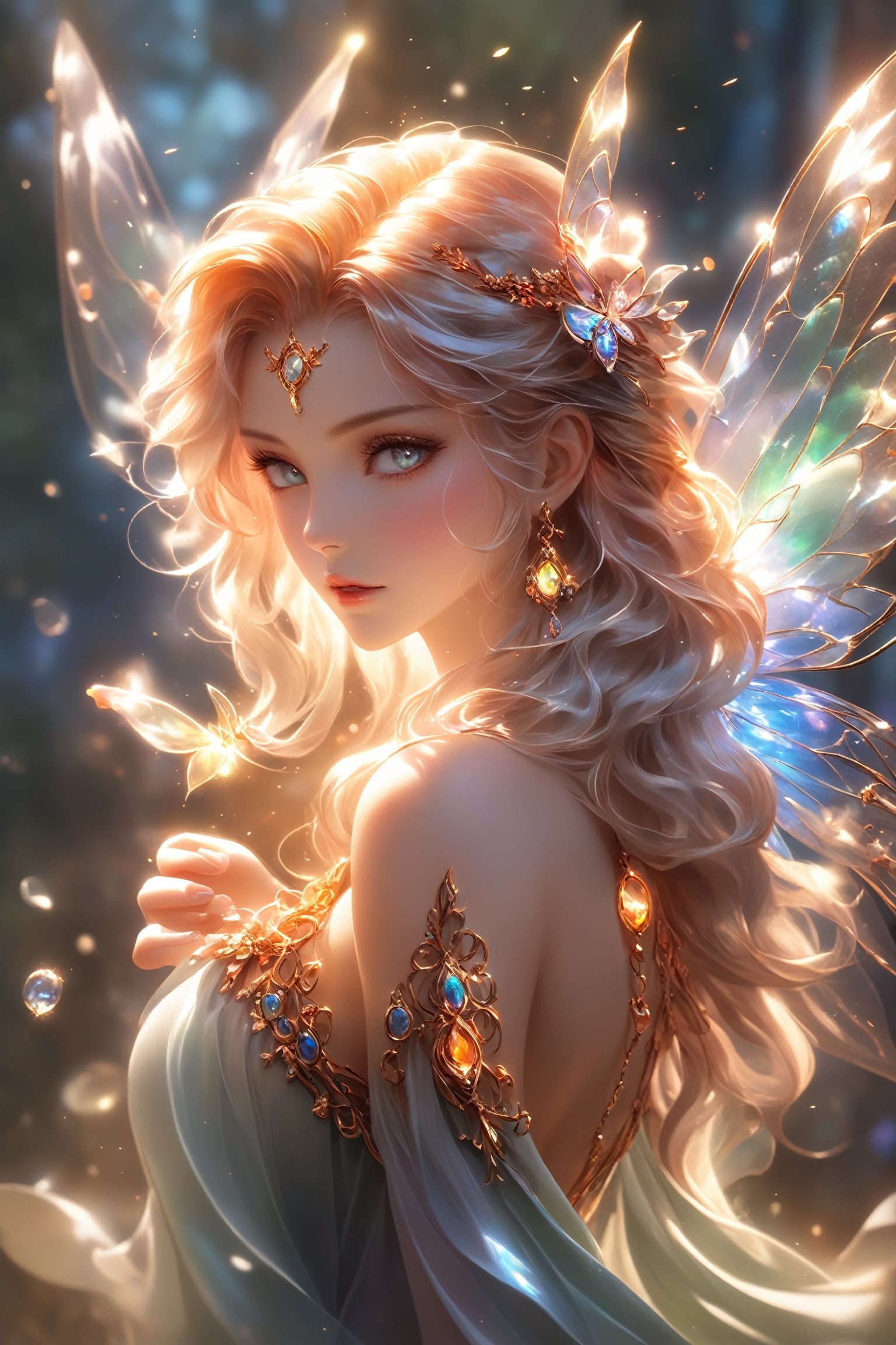 (beautiful fairy portrait), (iridescent wings) (masterpiece, best quality, ultra-detailed, best shadow), (detailed background, high fantasy), (beautiful detailed face), high contrast, (best illumination, an extremely delicate and beautiful), (fantasy dress), ((cinematic light)), colorful, hyper detail, dramatic light, intricate details, (blowing hair, sharp face, amber eyes, hair between eyes, dynamic angle), blood splatter, swirling light around the character, depth of field, light particles,(broken glass),magic circle, (full body), Spirit fantasy Pendant, Beautiful Eyes,niji-5