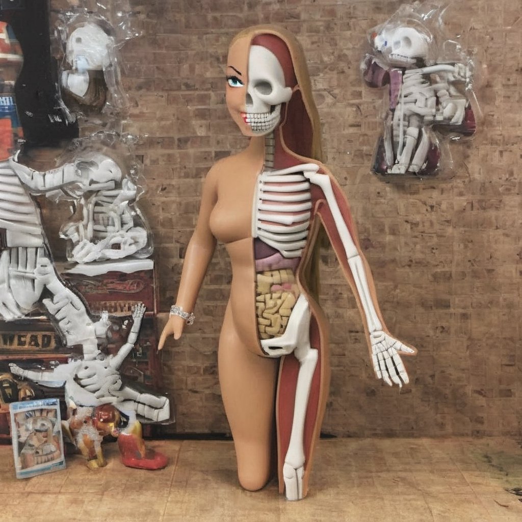 Mariah Carey, sexy figure, big tits, huge breasts, big boobs, X-ray, skeleton visible, front-side pose, plastic toy, Doll limb joints, toy shop background, intricate details, realistic photograph, ActionFigureQuiron style,premium playset toy box,