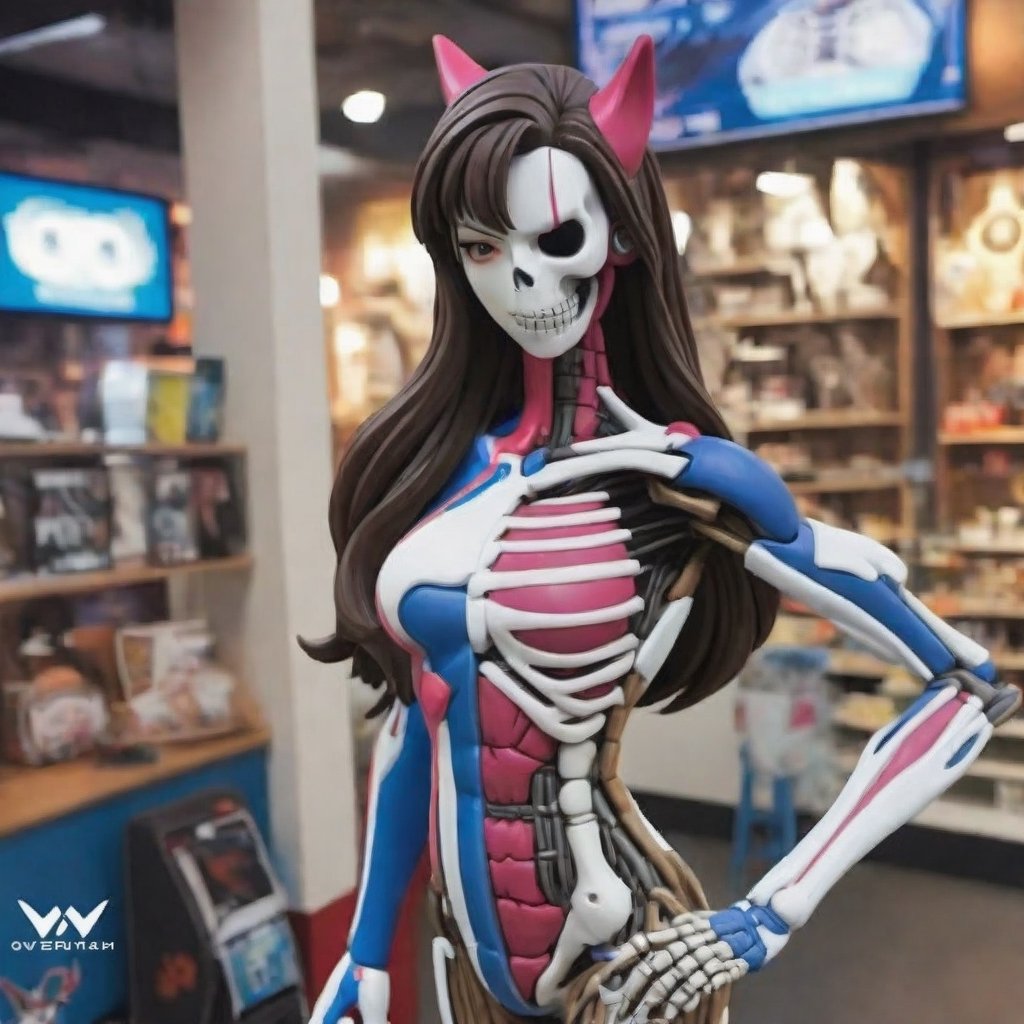Beauty D.Va cyborg girl figure from the videogame "Overwatch", The same colours as the original character's suit, sexy figure, D.Va suit, beautiful girl, big tits, huge breasts, X-ray, skeleton visible, front-side pose, plastic toy, Doll limb joints, toy shop background, intricate details, realistic photograph, cyborg style, 