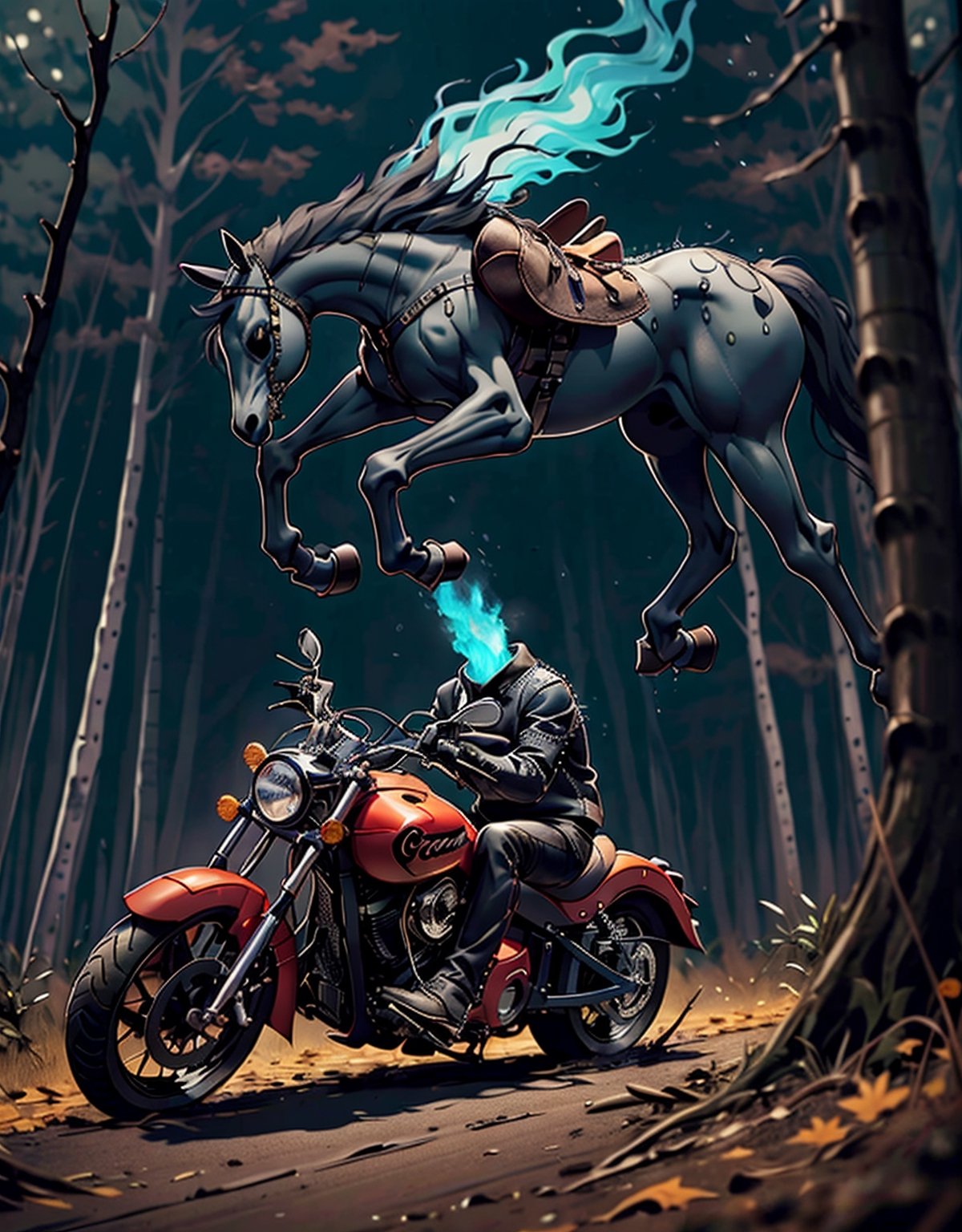 (((a headless undead human)))((he wears a black studded leather jacket, boots with spurs)),((( He is driving a black Indian motorcycle))) the scene is a wooded highway at night.(((ghost horse running alongside motorcycle))),human on fire.Drippy, burnt marshmallow asthetic, twisty trees, autumn colors, green fog,More Detail,human on fire,DisembodiedHead
