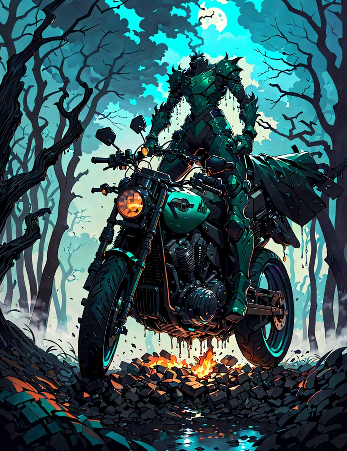 (((a headless horseman))) he rides a burning 1930 Harley Davidson motorcycle down a wooded highway on a dark night. (((No head)))(((decapitated)))(((headless)))(((no helmet)))(((empty neck hole)))(((The motorcycle has the an iron horse head welded to the front, it's eyes serve as headlights))),holding a machete

 (((Drippy, burnt ember asthetic))), ((gnarly spooky trees)), autumn leaves, (((green fog))), crescent moon, weird mushrooms, 

(((an iron horse head is welded on to the front of motorcycle, (rider has no head, he is decapitated, he is headless),))),halloweentech,art by Stephen Gammell,fire that looks like...,HellAI,horror