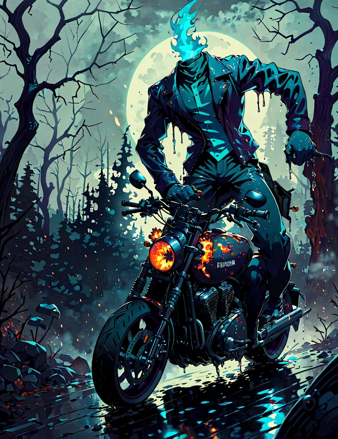 (((a headless horseman))) he rides a burning 1930 Harley Davidson motorcycle down a wooded highway on a dark night. Wearing a leather jacket,(((No head)))(((decapitated)))(((headless)))(((no helmet)))(((empty neck hole)))(((The motorcycle has the an iron horse head welded to the front, it's eyes serve as headlights))),(holding a machete)

 (((Drippy, burnt ember asthetic))), ((gnarly spooky trees)), autumn leaves, (((green fog))), crescent moon, ((weird mushroom men in the background))

(((an iron horse head is welded on to the front of motorcycle, (rider has no head, he is decapitated, he is headless),))),halloweentech,art by Stephen Gammell,fire that looks like...,HellAI,horror