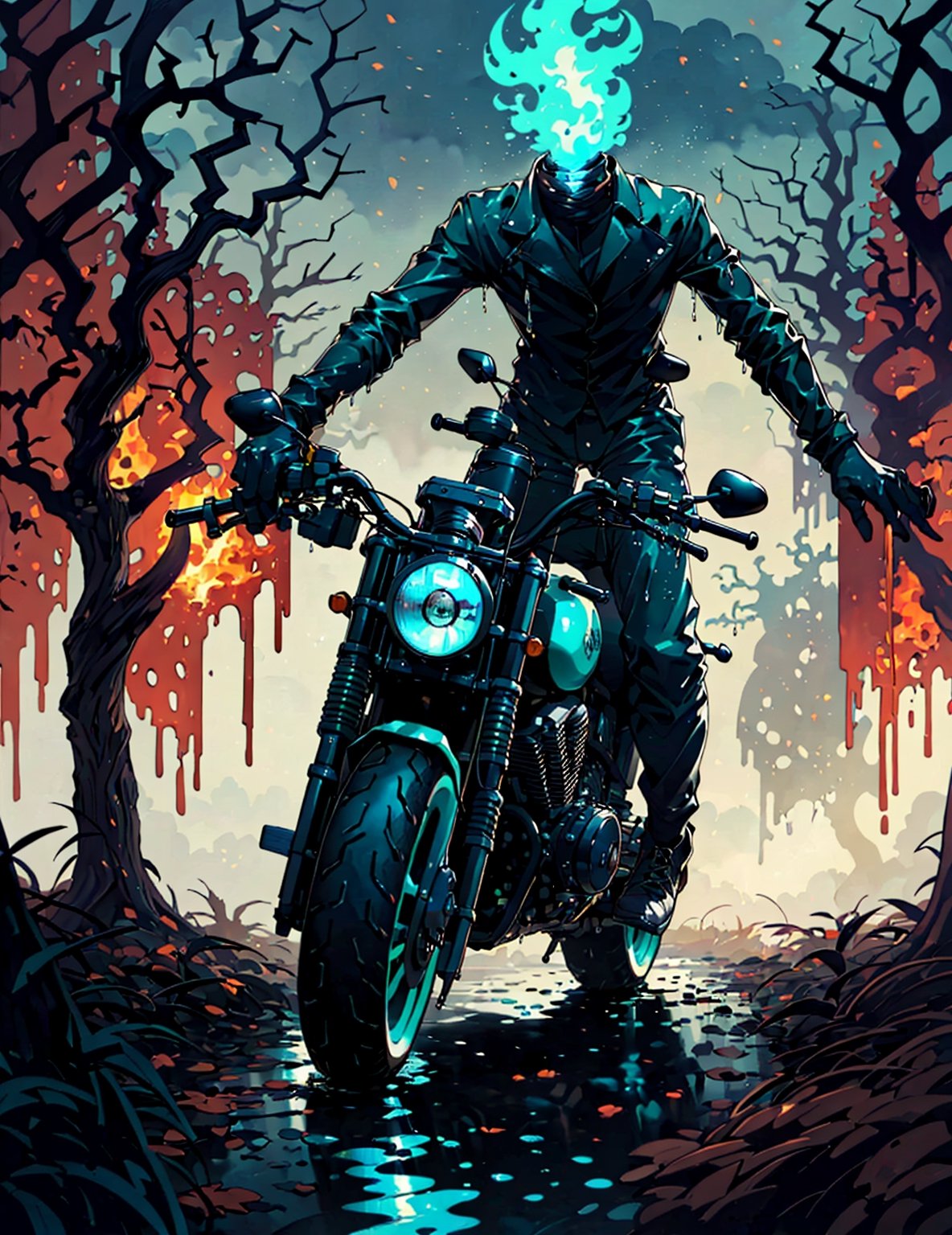 (((a headless horseman))) he rides a burning 1930 Harley Davidson motorcycle down a wooded highway on a dark night. Wearing a leather jacket,(((No head)))(((decapitated)))(((headless)))(((no helmet)))(((empty neck hole)))(((The motorcycle has the an iron horse head welded to the front, it's eyes serve as headlights))),(holding a machete)

 (((Drippy, burnt ember asthetic))), ((gnarly spooky trees)), autumn leaves, (((green fog))), crescent moon, weird mushrooms, 

(((an iron horse head is welded on to the front of motorcycle, (rider has no head, he is decapitated, he is headless),))),halloweentech,art by Stephen Gammell,fire that looks like...,HellAI,horror