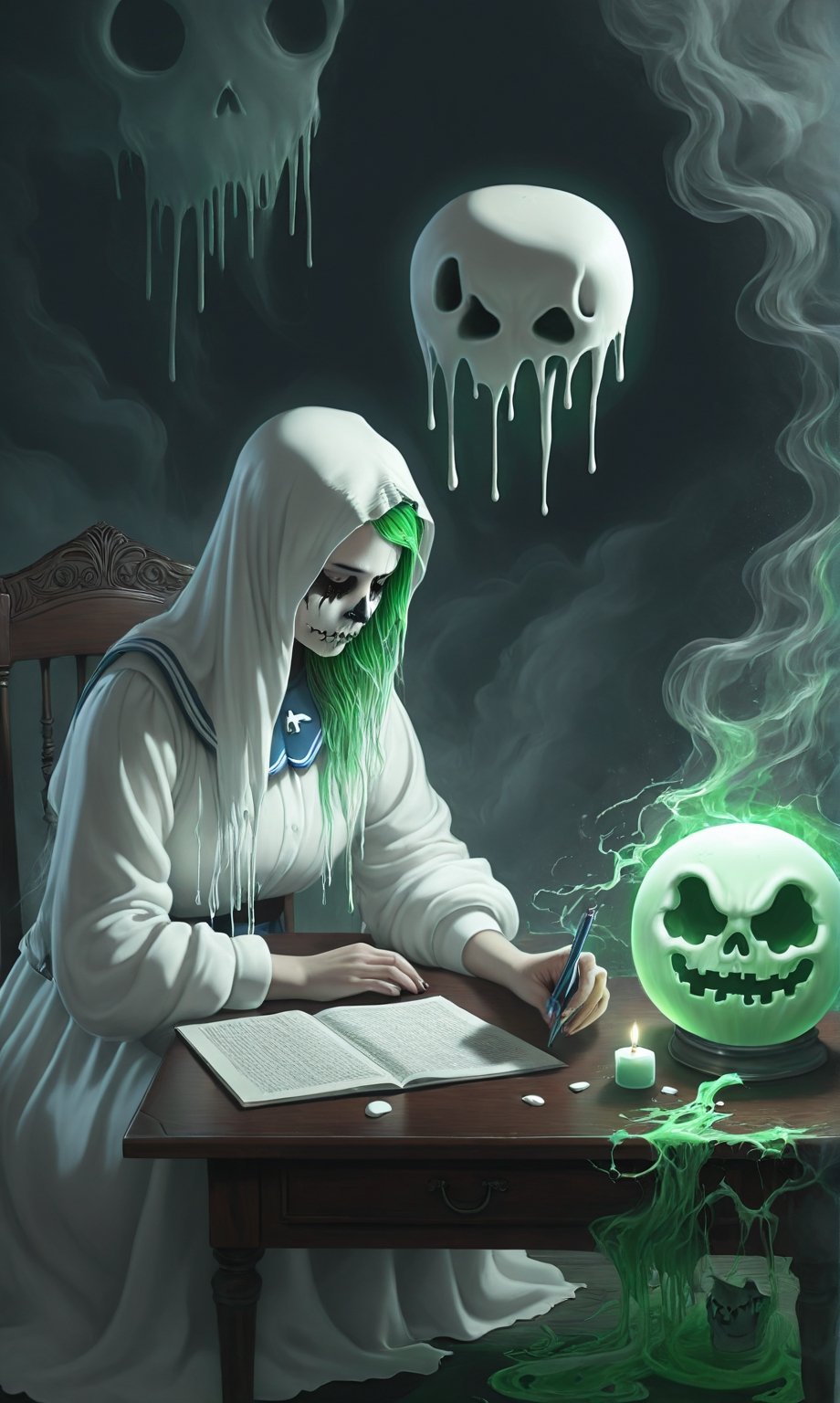 ((A wispy sad ghoul girl sitting at a desk)), she is studying book, (((an image of the Stay Puft Marshmallow Man appears in the single small crystal ball on the table))),1 tall drippy candle sits on the table, (half-eaten donuts lying on the table),((green ghosts with skull faces hover in the background)),(spiderwebs),donmcr33pyn1ghtm4r3xl  