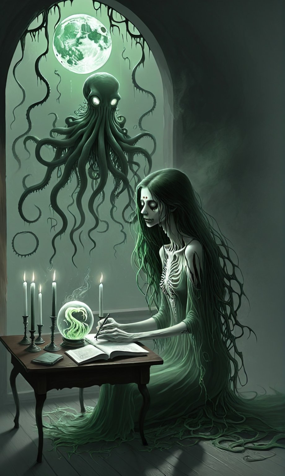 ((A thin wispy sad ghoul girl sitting at a desk)), she is studying book, (((an image of a tentacle monster appears in the crystal ball sitting on the table))),1 tall drippy candle sits on the table,some green skeletal ghosts hover in the background, a thin crescent moon shines through a broken window,(spiderwebs),donmcr33pyn1ghtm4r3xl  