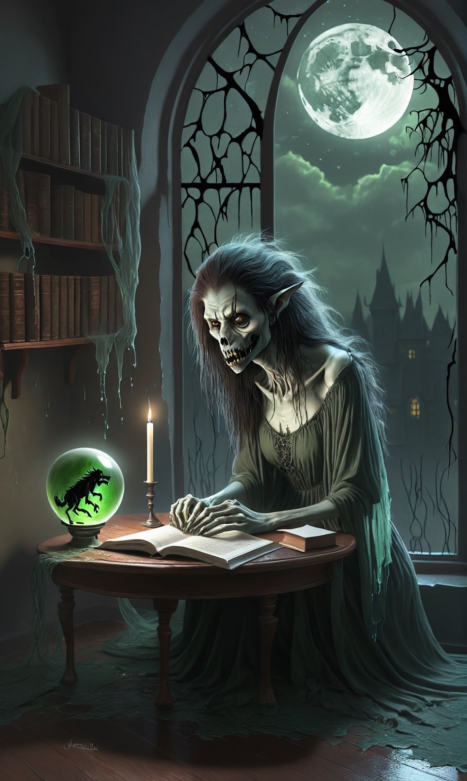 ((A thin wispy sad ghoul girl sitting at a desk)), she is studying book, (((an image of a goofy werewolf appears in the crystal ball sitting on the table))),1 tall drippy candle sits on the table,some green skeletal ghosts hover in the background, a thin crescent moon shines through a broken window,(spiderwebs),donmcr33pyn1ghtm4r3xl  
