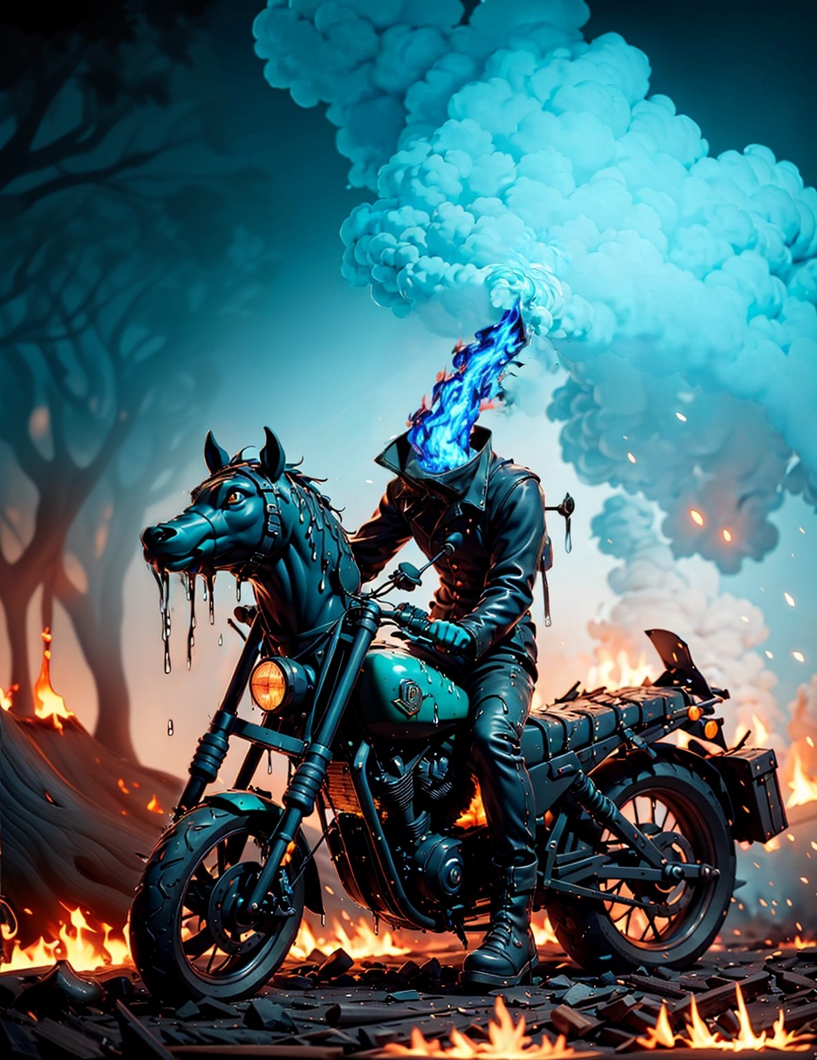 (((a headless horseman))) he rides a burning 1930 Harley Davidson motorcycle down a wooded highway on a dark night. Wearing a leather jacket, cape flapping in the wind, (((No head)))(((decapitated)))(((headless)))(((no helmet)))(((empty neck hole)))(((The motorcycle has the an iron horse head welded to the front, it's eyes serve as headlights))), (holding a machete)

(((Drippy, burnt ember asthetic))), ((gnarly spooky trees)), autumn leaves, (((green fog))), crescent moon, ((charred drippy trees))

(((an iron horse head is welded on to the front of motorcycle, (rider has no head, he is decapitated, he is headless), ))), halloweentech, art by Stephen Gammell, fire that looks like..., HellAI, horror, human on fire,DisembodiedHead,human on fire,horror