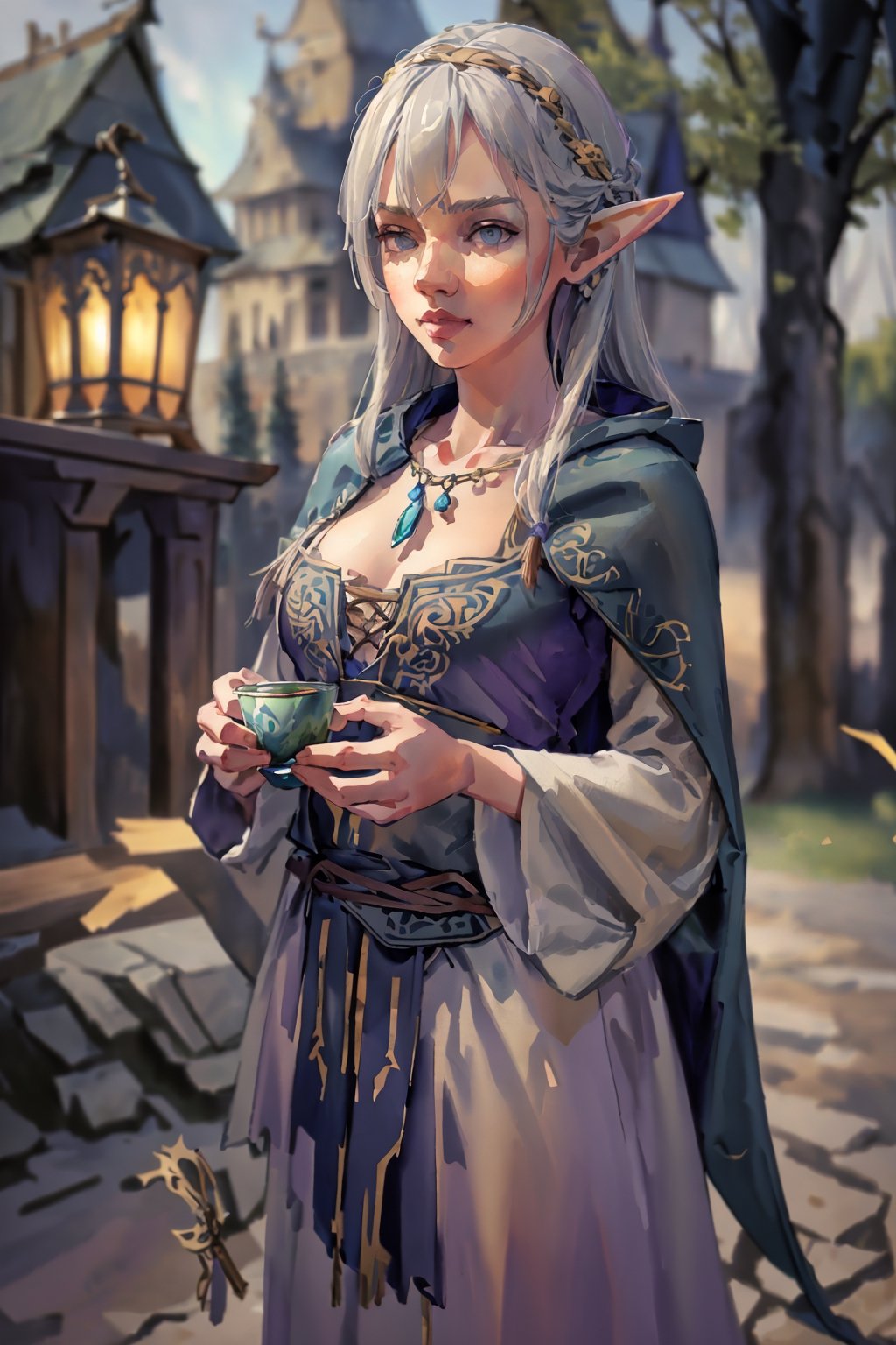 Elf girl, 8k, cinematic, joyful desperate yearn for you, (masterpiece), (extremely intricate:1.3), (realistic), ((masterpiece)), ((realistic)), gorgeous Dutch woman, age 40, pretty face, shy look, lace up tunic, asymmetric skirt, delicate fingers, long nails, small bead necklace, ((long wavy grey hair)), violet eyes, full body image, aestetic pose, standing by a lake, professional photograph, sharp focus, dramatic, award winning, cinematic lighting, volumetrics dtx, (film grain, blurry background, blurry foreground, bokeh, depth of field, motion blur:1.3), exposure blend, medium shot, bokeh, (hdr:1.4), high contrast, short slender pointy elf ears, medieval, green color lace up tunic, asymmetric ornate dark grey skirt, medium blue cloak with hood down, hawk cloak pin,saggy small breasts, curvy, holding golden dagger