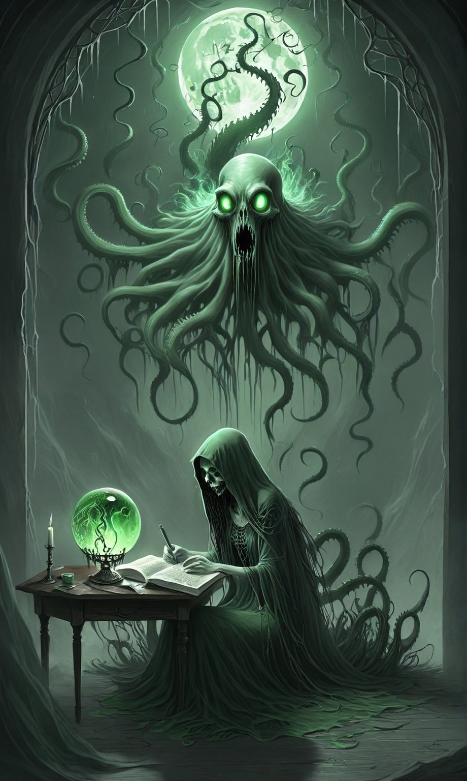 ((A thin wispy sad ghoul girl sitting at a desk)), she is studying book, (((an image of an eldritch tentacle monster appears in the crystal ball sitting on the table))),1 tall drippy candle sits on the table,some green skeletal ghosts hover in the background, a thin crescent moon shines through a broken window,(spiderwebs),donmcr33pyn1ghtm4r3xl  