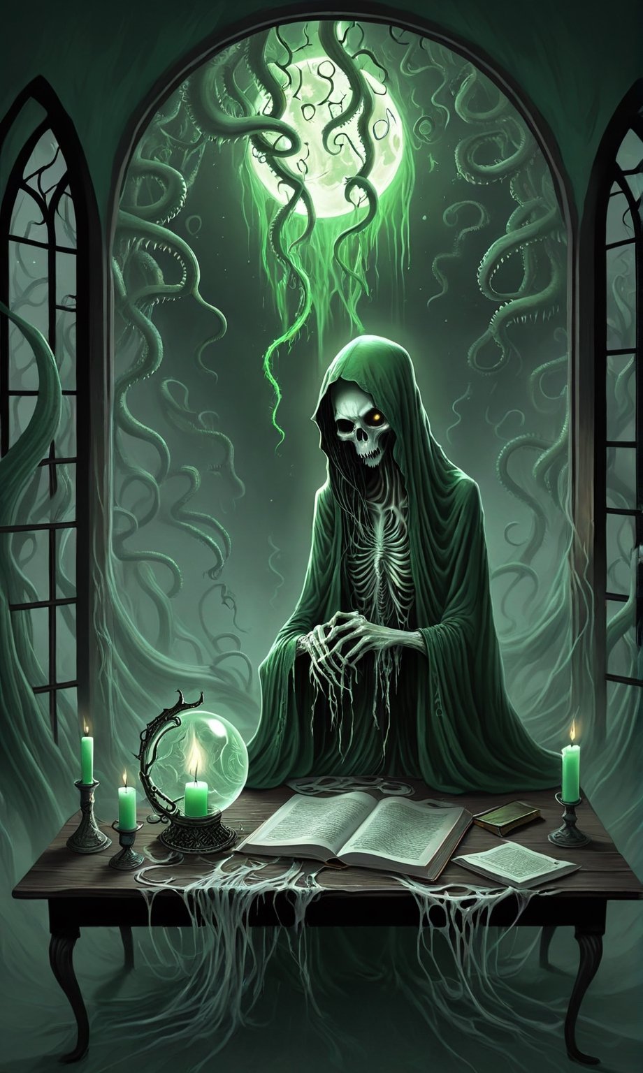 ((A thin wispy sad ghoul girl sitting at a desk)), she is studying book, (((an image of an eldritch tentacle monster appears in the crystal ball sitting on the table))),1 tall drippy candle sits on the table,some green skeletal ghosts hover in the background, a thin crescent moon shines through a broken window,(spiderwebs),donmcr33pyn1ghtm4r3xl  