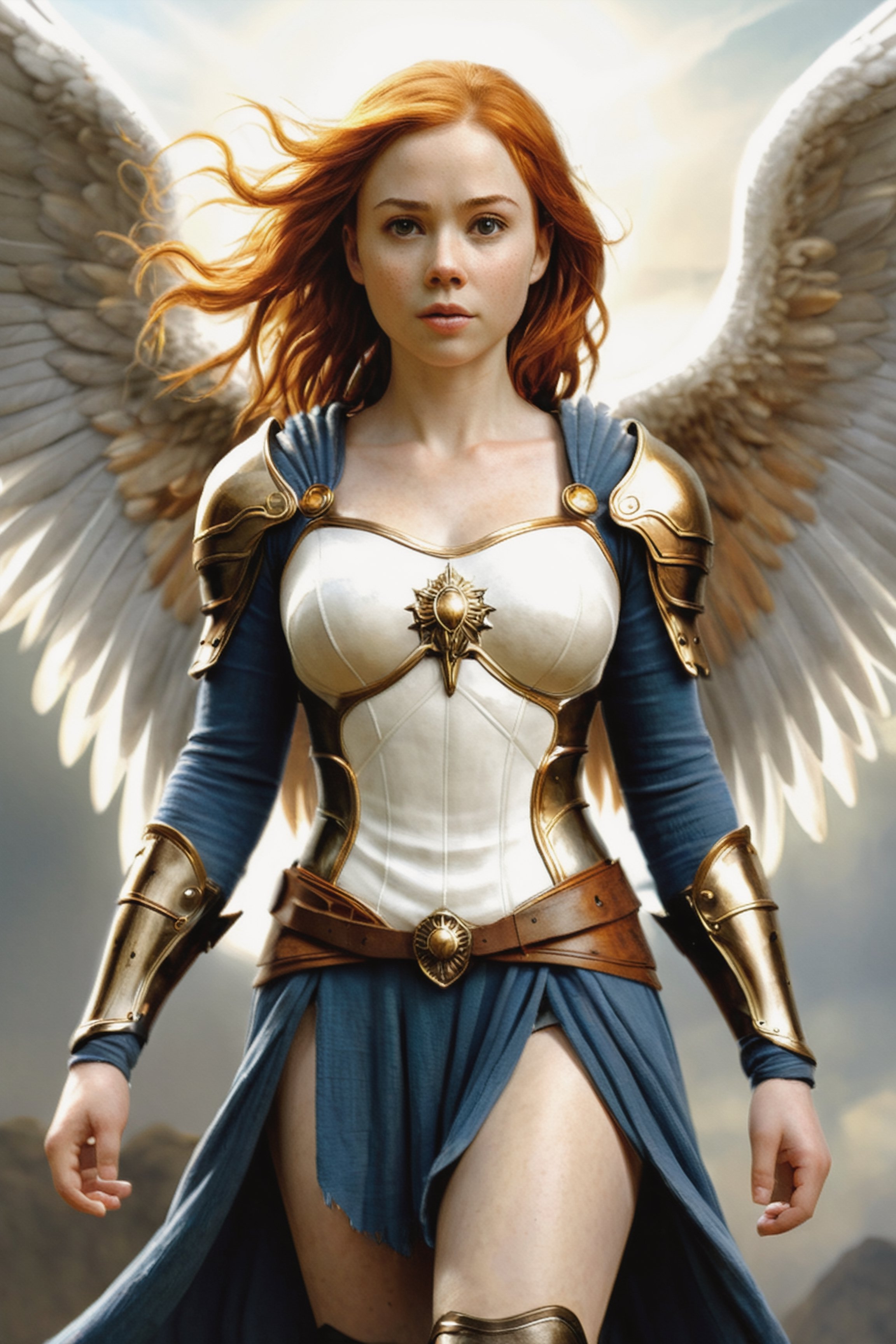 Most beautiful angel you could imagine, with a sword surrounded by blue flames, wearing simple dark gold armor, she has orange hair that flows in the wind like fire, dark green eyes, a curvy figure that would make a monk cry, cleavage, thick thighs, bare legs, thigh high boots,round face, (looks like Karen Gillan, Carey Mulligan, Mila Kunis),wide nose, cute nose, upturned nose, freckles, rosy cheeks,big eyes, slightly chubby, perfect hands, correct hand anatomy,perfect fingers,8k,muted colors (((oil pastel art))), (((watercolor painting))), (((oil painting))), majestic white and grey wings, cloudy background with sun rays