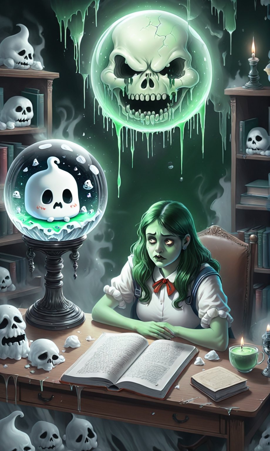 ((A wispy sad ghoul girl sitting at a desk)), she is studying book, ((an image of Stay Puft Marshmallow Man appears in the crystal ball on the desk)),drippy candle on the table, (donuts on the table),(green ghosts with skull faces float in the background),donmcr33pyn1ghtm4r3xl  