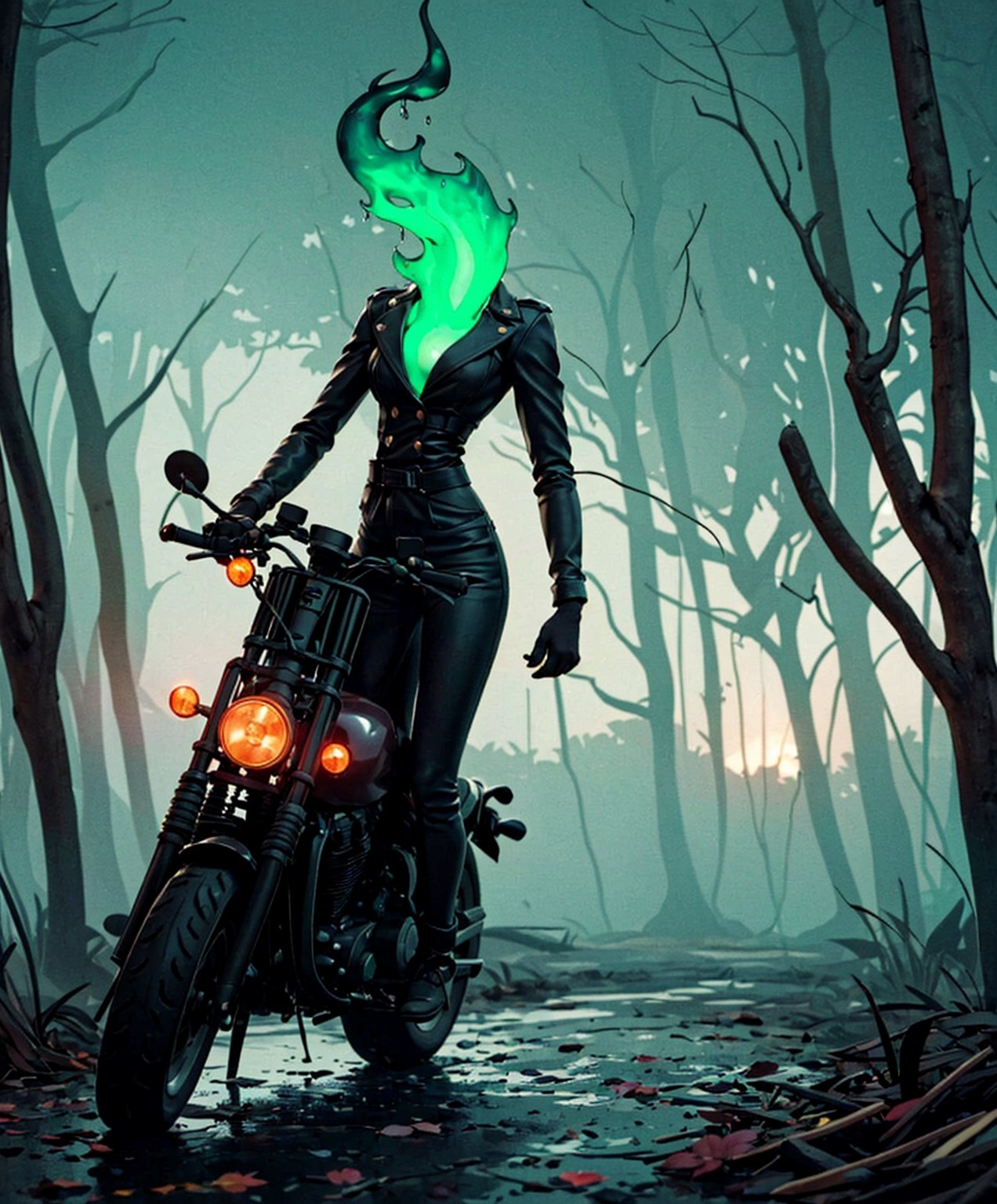 (((1 headless horsewoman))) she rides a burning 1930 Harley Davidson motorcycle down a wooded highway on a dark night. Wearing a leather jacket, (cleavage),cape flapping,(((No head)))(((decapitated)))(((headless)))(((no helmet)))(((green flames out of neck hole)))(((The motorcycle has the an iron horse head welded to the front, it's eyes serve as headlights))),(holding a machete)

 (((Drippy, burnt ember asthetic))), ((gnarly spooky trees)), autumn leaves, (((green fog))), crescent moon, ((weird mushroom ghosts in the background))

(((an iron horse head is welded on to the front of motorcycle, (rider has no head, she is decapitated, she is headless),))),halloweentech,art by Stephen Gammell,fire that looks like...,HellAI,horror