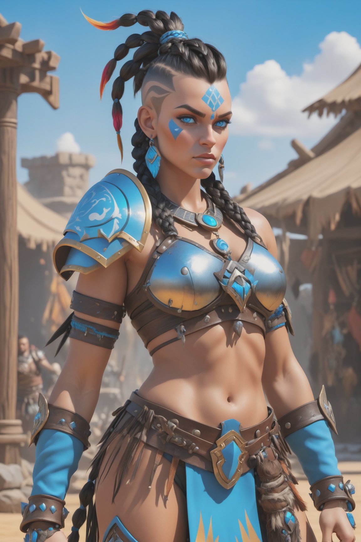 (best quality), (4K, HDR), barbarian junker queen, tall woman, black mohawk hair braids, strong body, bright blue eyes, (different camera angles), fantasy style armor and clothing, fantasy, vibrant colors, 