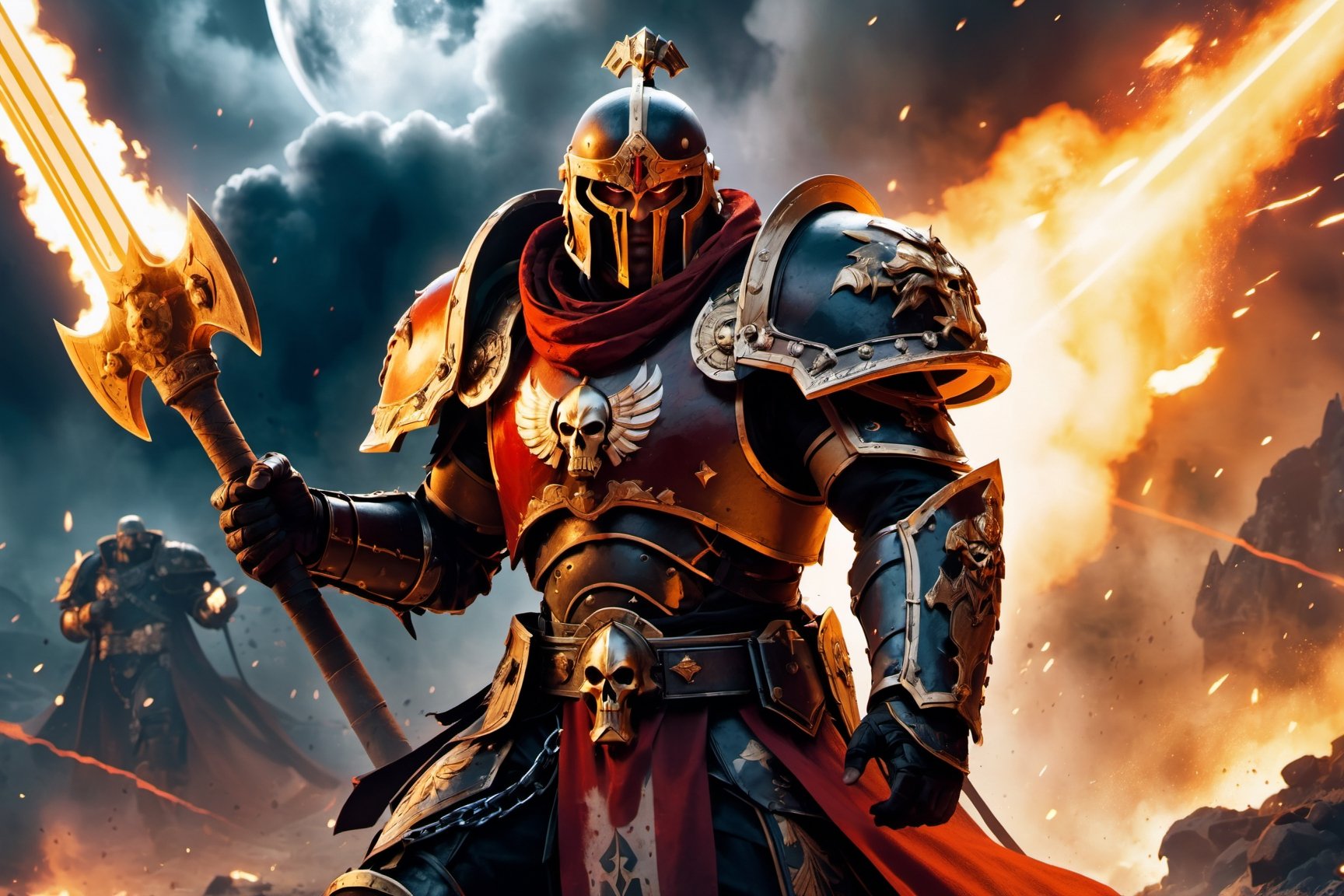 (8k HDR), (masterpiece, best quality),

Title: Ares, God of War in the Warhammer 40K Universe

"Ares as a Space Marine Captain in Warhammer 40K, charging into battle against alien enemies on a war-torn planet. He wears ornate, blood-red power armor adorned with war symbols and skulls, wielding a glowing thunder hammer wrapped in chains and a bolt pistol. The battlefield is chaotic with explosions, smoke, and falling drop pods, under a dark, fiery sky."

dark and vibrant, (micheal bay cinematic shots), depth of field, 2D