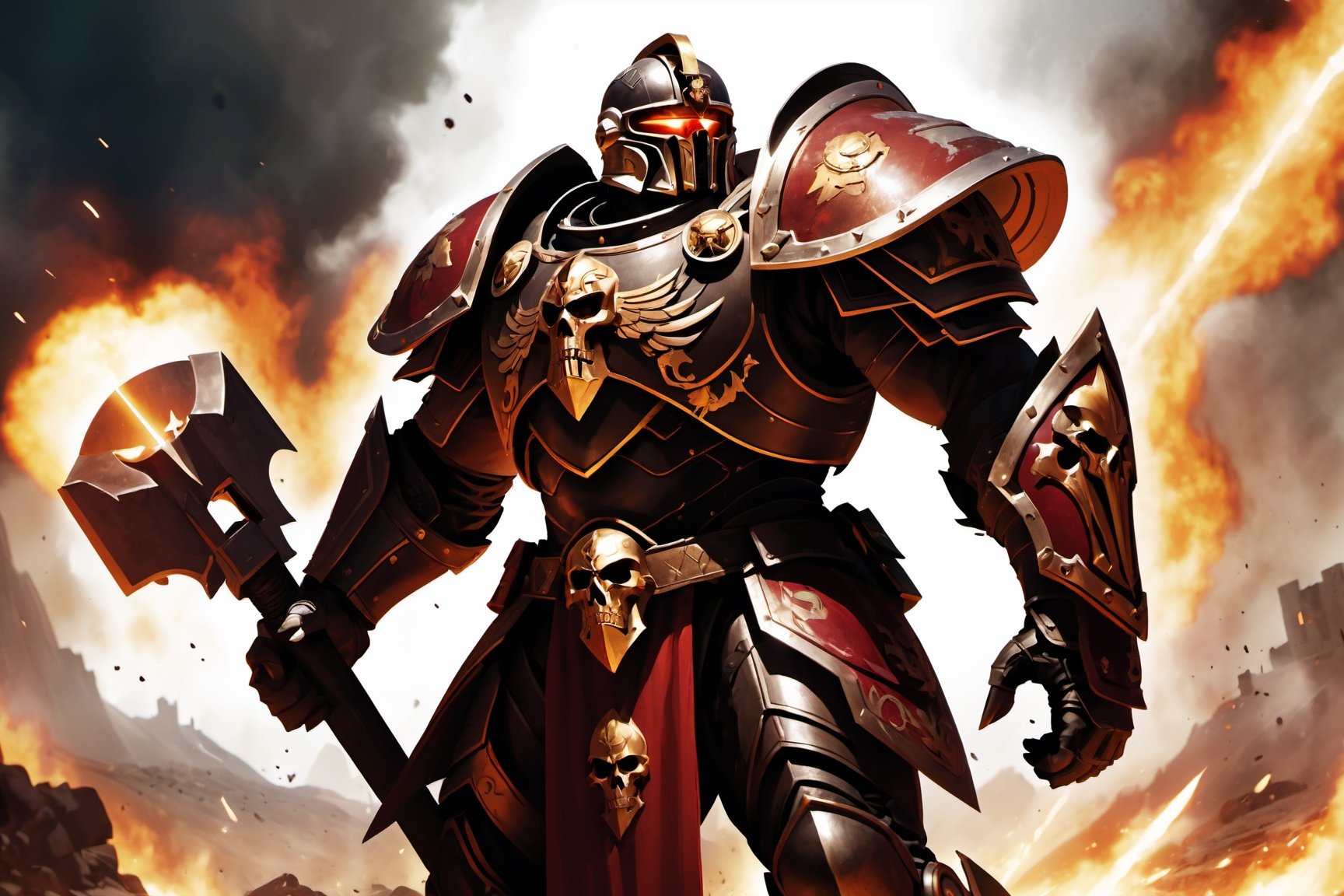 (8k HDR), (masterpiece, best quality),

Title: Ares, God of War in the Warhammer 40K Universe

Scene Description:
Ares, now a towering Space Marine Captain, clad in ornate power armor, stands on the smoldering battlefield of a war-torn planet. His armor is a masterwork of Imperial craftsmanship, deeply engraved with symbols of war and destruction, and painted in the blood-red colors of his chapter. His cape, tattered and scorched, flutters in the toxic winds.

Focal Point:
Ares wields a massive, chain-wrapped thunder hammer, glowing with arcane energies, raised high as he charges into a horde of alien enemies. His other hand clutches a bolt pistol, spewing fiery rounds into the melee. Around his waist, a belt adorned with skulls and relics from vanquished foes.

Background Elements:
The landscape around him is chaotic and devastated, with the remnants of a once-mighty city now reduced to rubble and flames. Exploding shells light up the dark sky, and drop pods descend in the background, bringing reinforcements or dreadnought allies.

Atmospheric Effects:
Smoke and dust fill the air, pierced by the harsh light of gunfire and explosions. In the distance, the twisted forms of enemy war machines loom, clashing against the Imperial forces.

Dynamic Action:
Ares roars a battle cry, his voice amplified by his helmet’s vox-grille, inspiring fear in his foes and fervor in his troops. Close by, Space Marines rally to his side, their armor echoing his design, forming an unstoppable tide of red and steel.

dark and vibrant, (micheal bay cinematic shots), depth of field, 2D