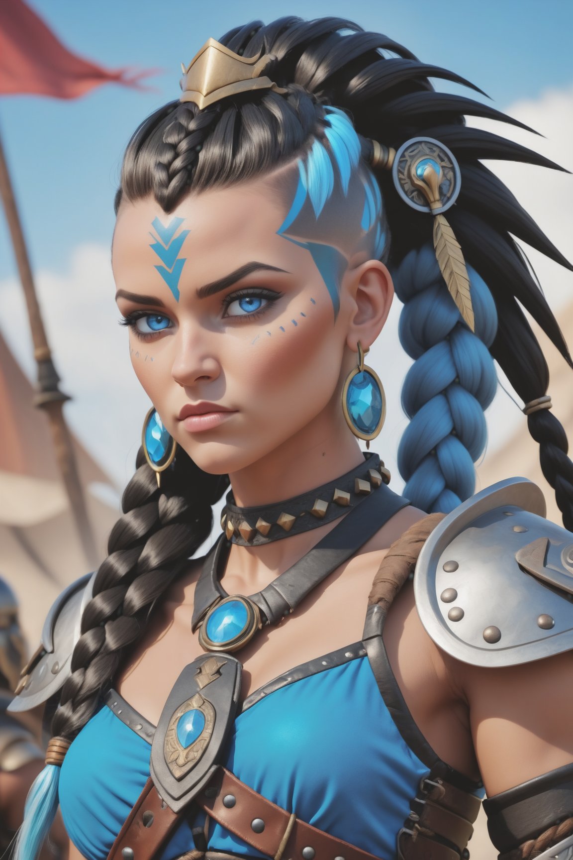 (best quality), (4K, HDR), barbarian junker queen, tall woman, black mohawk hair braids, strong body, bright blue eyes, (different camera angles), fantasy style armor and clothing, fantasy, vibrant colors, 