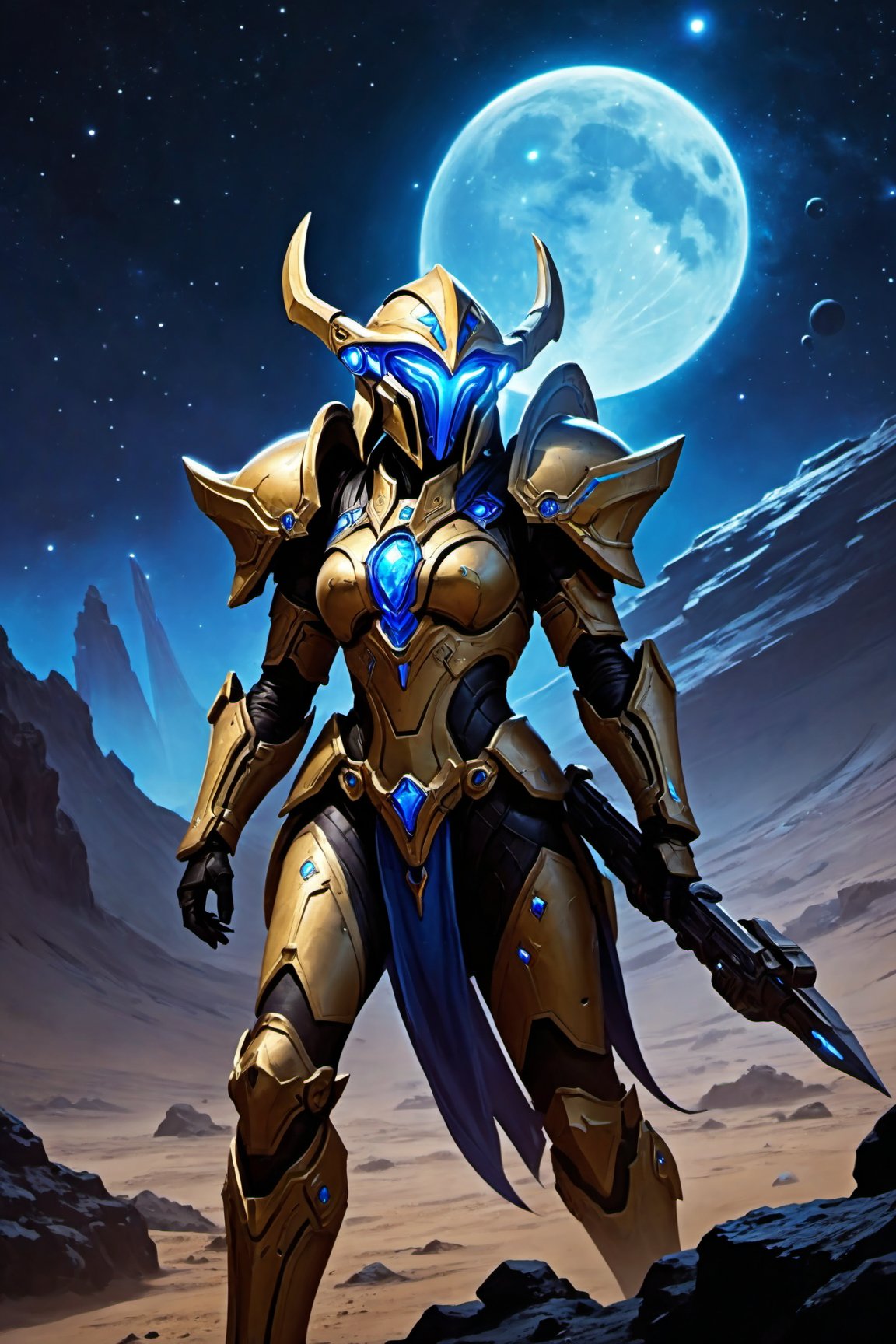 (8k UDR), (masterpiece, best quality), ((Comic Art style)), 

Create an image of a female Protoss warrior from the video game Starcraft engaged in a fight with a Terrain Space Marine, on a desolate moon near a volcanic planet, 

dark atmosphere, vibrant colors, (various camera shots), depth of field, 2D