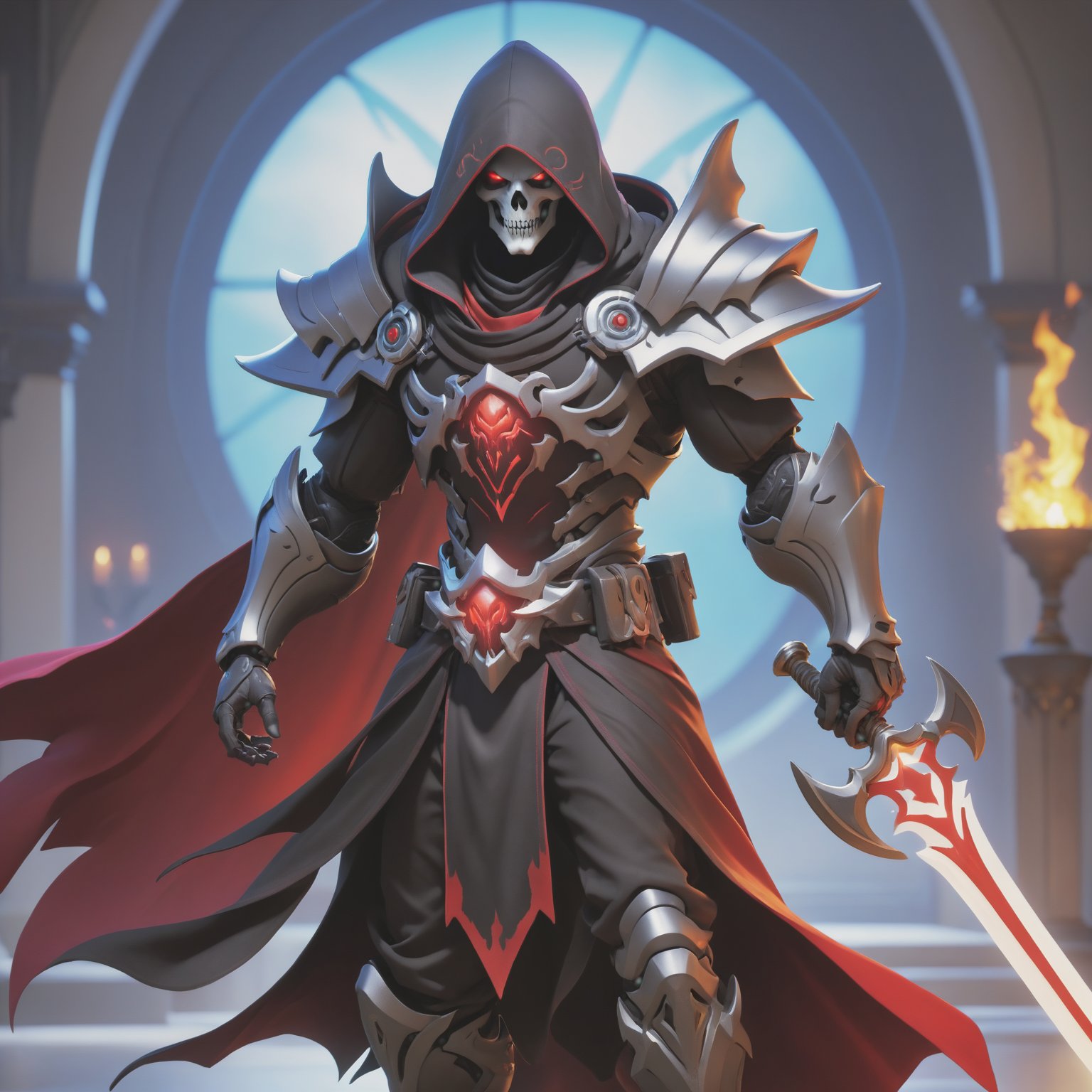 (best quality), (4K, HDR), ((Overwatch)), mage Reaper, musuclar man, hooded, strong body, glowing red eyes, death magic (Death shot), fantasy style armor and clothing, fantasy, vibrant colors, dark fantasy, dark