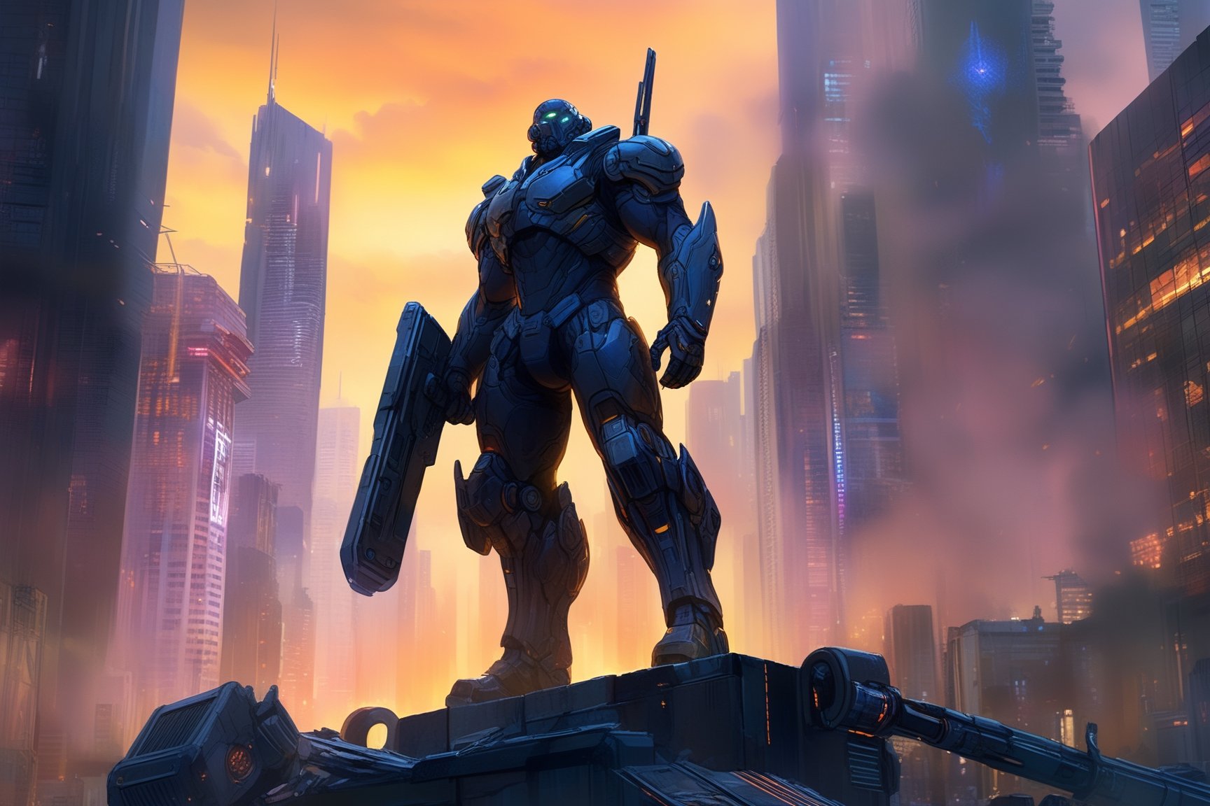 (beat quality, masterpiece), (8K, HDR), 
Cyberpunk Hero:
"Generate an image of a handsome, strong man standing triumphantly in front of a towering skyscraper. His cybernetic eyes scan the horizon as he prepares to take on the challenges of the cyberpunk dystopia with unwavering resolve."
dark and ambient atmosphere, vibrant colors, 