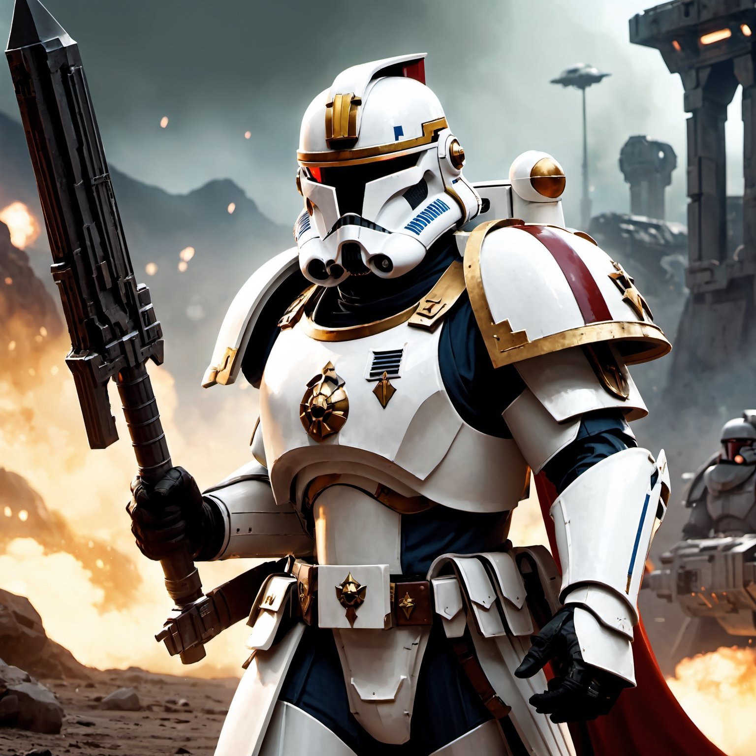 (8k HDR), (masterpiece, best quality), ((Warhammer)), 

"Generate an image of a Clone Trooper from the Star Wars universe transformed into a mighty Space Marine of the Warhammer 40k universe. His armor, once sleek and white, now bears the iconic colors and symbols of the Space Marines, adorned with intricate filigree and embellishments that mark him as a warrior of the Adeptus Astartes. The trooper's helmet has been redesigned to incorporate the intimidating features of a Space Marine helm, with glowing red eyes and a stoic expression that speaks of unwavering determination. In one hand, he wields a bolter, a weapon of devastating power and precision, while in the other hand, he carries a combat knife with a serrated edge, ready to engage in close-quarters combat. Behind him, the backdrop depicts a war-torn battlefield littered with the remnants of battle, as he stands tall and resolute, a beacon of strength and valor in the grim darkness of the far future."

(michael bay camera shots), dark atmosphere, vibrant colors, depth of field, 