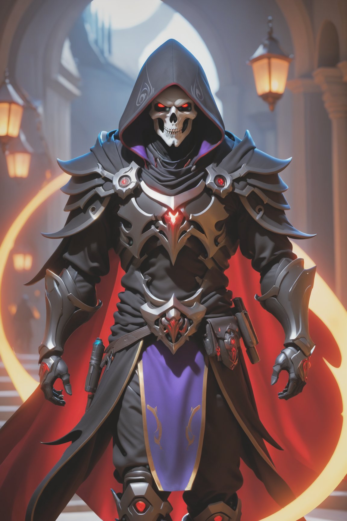 (best quality), (4K, HDR), ((Overwatch)), mage Reaper, musuclar man, hooded, strong body, glowing red eyes, death magic (Death shot), fantasy style armor and clothing, fantasy, vibrant colors, dark fantasy, dark