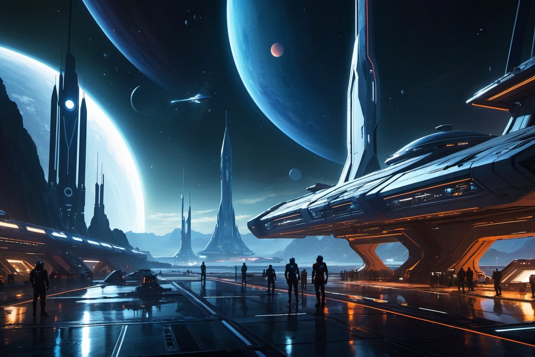 (8k HDR), (masterpiece, best quality), 

Futuristic Spaceport at Dawn:

"A bustling futuristic spaceport at dawn, with starships of various designs docking and departing. Travelers from different galaxies mingle, their diverse appearances a testament to the vastness of the universe. Ground crews prepare ships for launch against a backdrop of a rising alien sun, casting a hopeful light on the day’s journeys."

dark and vibrant, science fiction, night, (James Cameron cinematic shots), depth of field, 2D