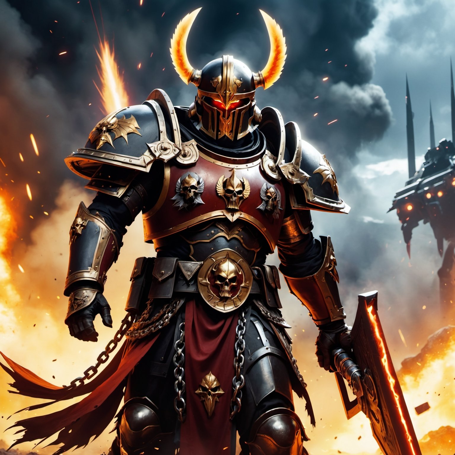 (8k HDR), (masterpiece, best quality),

Title: Ares, God of War in the Warhammer 40K Universe

"Ares as a Space Marine Captain in Warhammer 40K, charging into battle against alien enemies on a war-torn planet. He wears ornate, blood-red power armor adorned with war symbols and skulls, wielding a glowing thunder hammer wrapped in chains and a bolt pistol. The battlefield is chaotic with explosions, smoke, and falling drop pods, under a dark, fiery sky."

dark and vibrant, (micheal bay cinematic shots), depth of field, 2D
