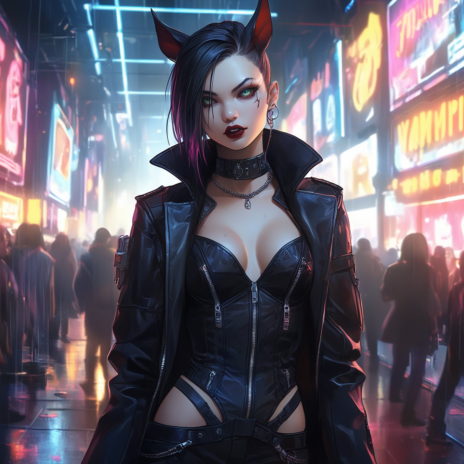 (beat quality, masterpiece), (8K, HDR), 
Cyber Bloodlust:
"Generate an image of a vampire in a bustling cyberpunk nightclub, surrounded by neon lights and digital screens. The vampire's eyes gleam with hunger, and their outfit is a mix of gothic and futuristic styles, blending seamlessly with the high-tech environment."
dark, vibrant, gothic,