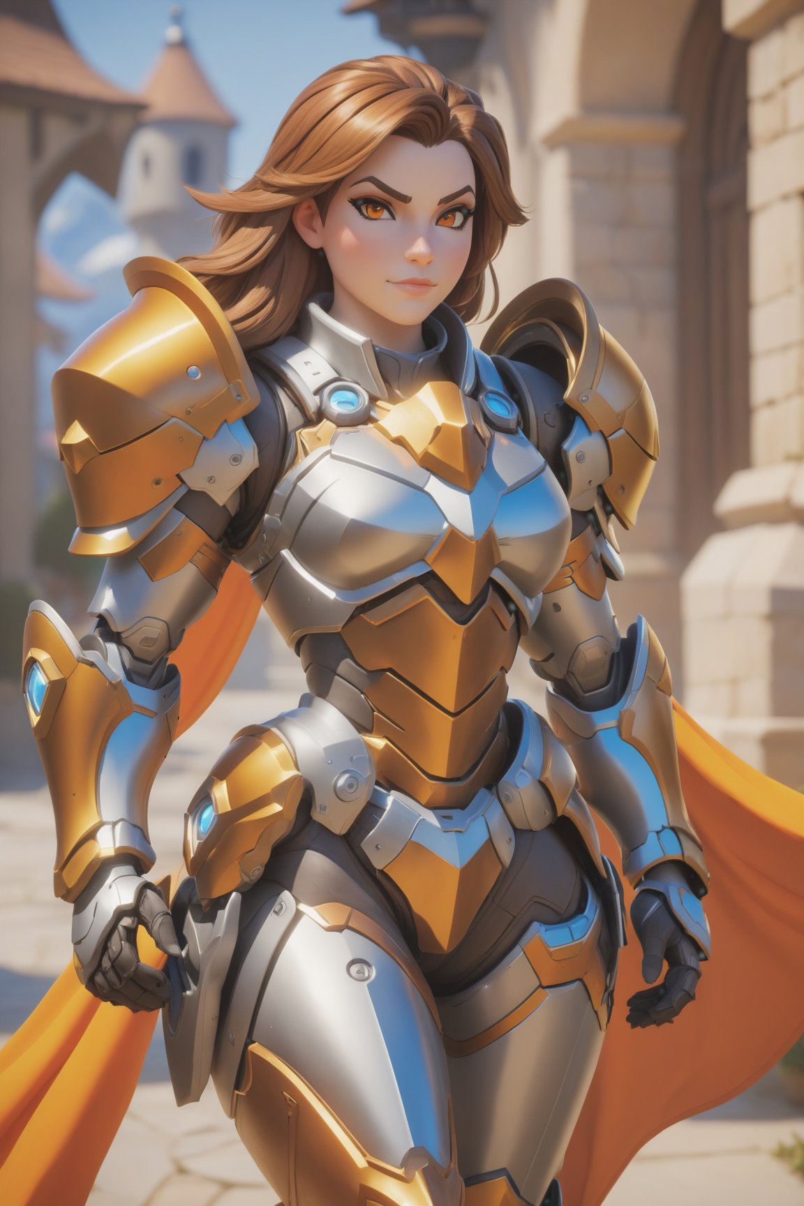 (best quality), (4K, HDR), ((Overwatch)), Paladin Brigitte, hourglass body, shiny armor, slightly strong physique , brown hair, bright orange eyes, might shield (various camera angles), fantasy style armor and clothing, fantasy, vibrant colors, 