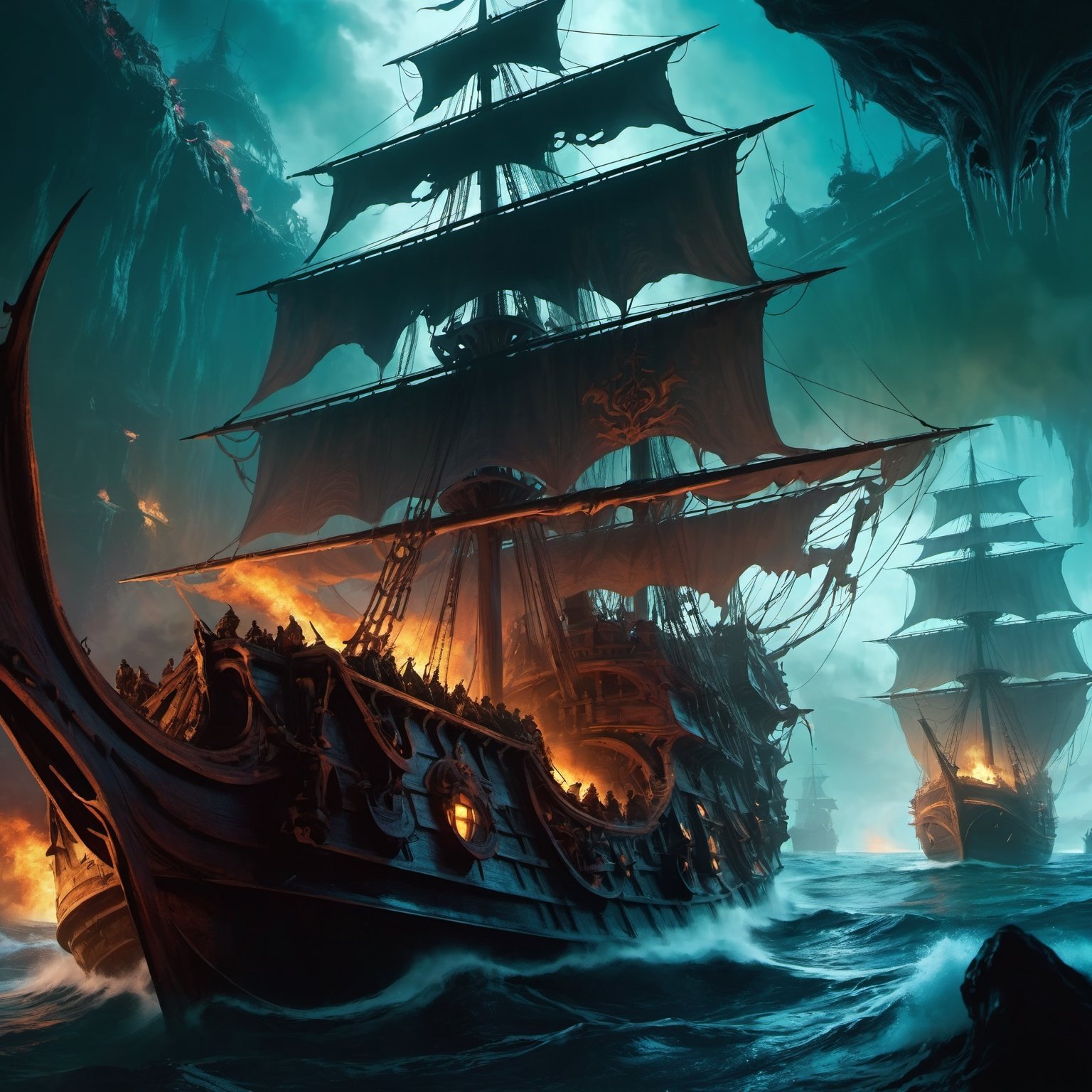 (8k HDR), (masterpiece, best quality),

Davy Jones, Captain of the Daemon Ship:

"Davy Jones commands the Flying Dutchman, a cursed starship sailing the immaterial seas of the Warp. As a Daemon Prince of Nurgle, Jones and his crew of Plague Marines and decayed souls spread disease and despair. His ship, a grotesque fusion of organic growth and rusting metal, emerges from the Warp to unleash terror on the material worlds."

dark and vibrant, mystical, (micheal bay cinematic shots), depth of field, 2D